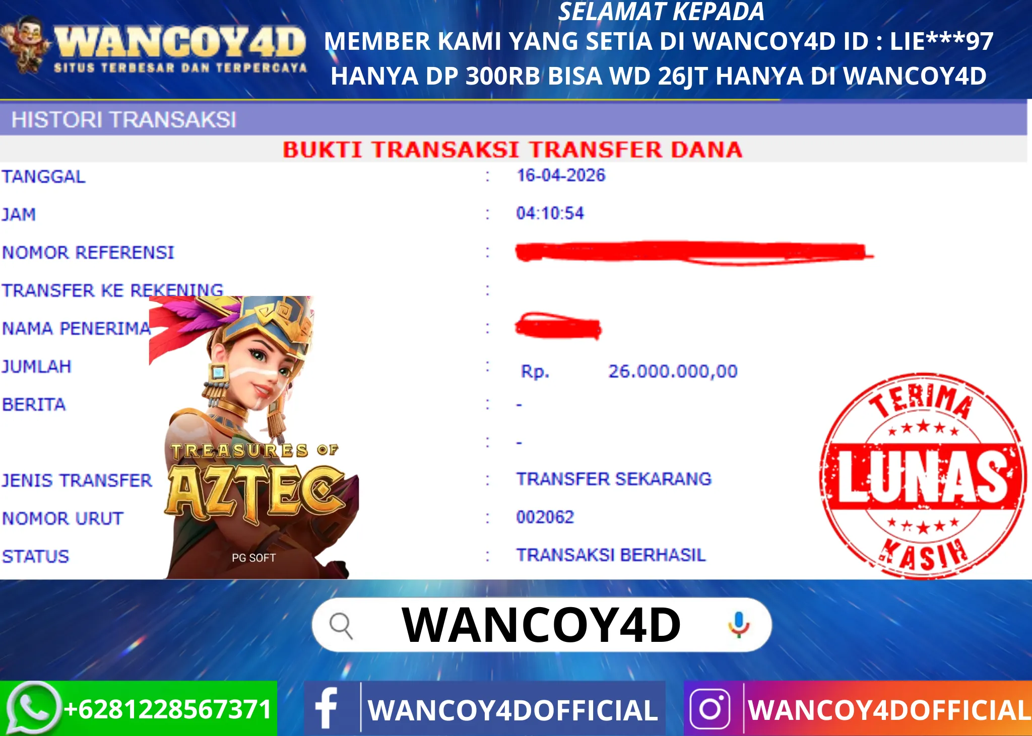 WANCOY4D TREASURES OF AZTEC PG SOFT RP.26.000.000 -LUNAS