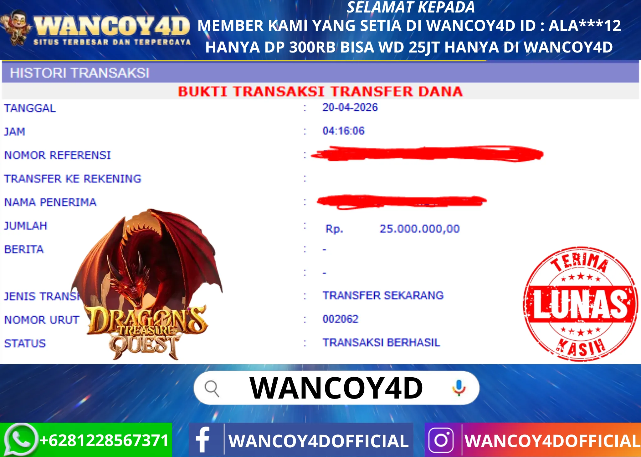 WANCOY4D DRAGONS TREASURE QUEST PG SOFT RP.25.000.000 -LUNAS