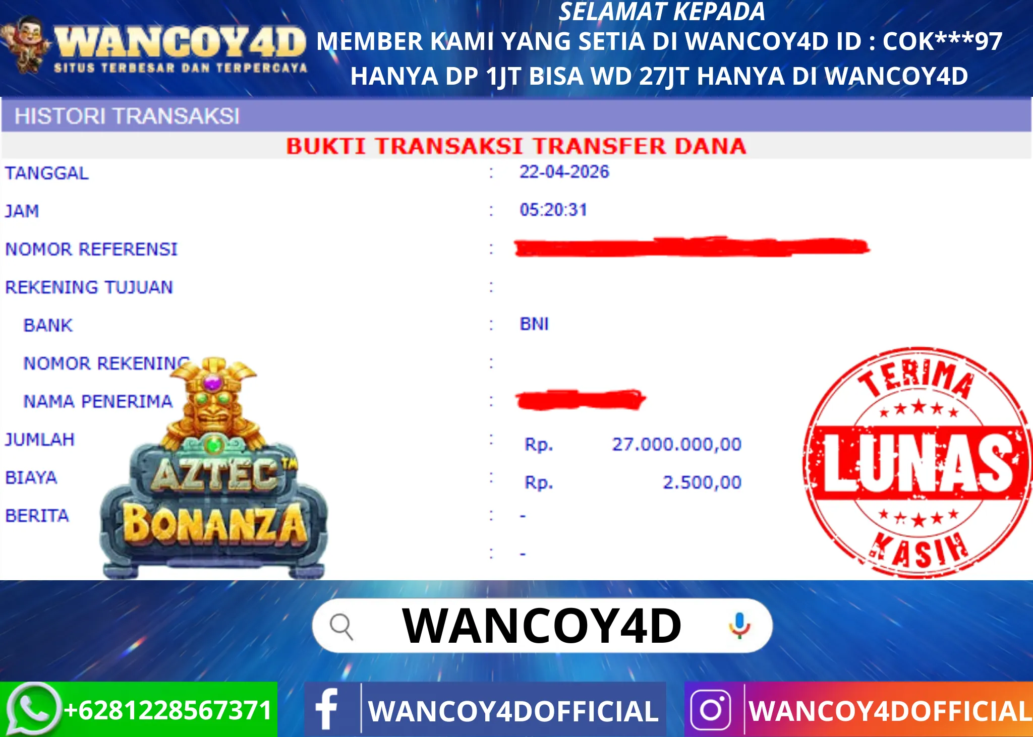 WANCOY4D AZTEC BONANZA PRAGMATIC RP.27.000.000 -LUNAS