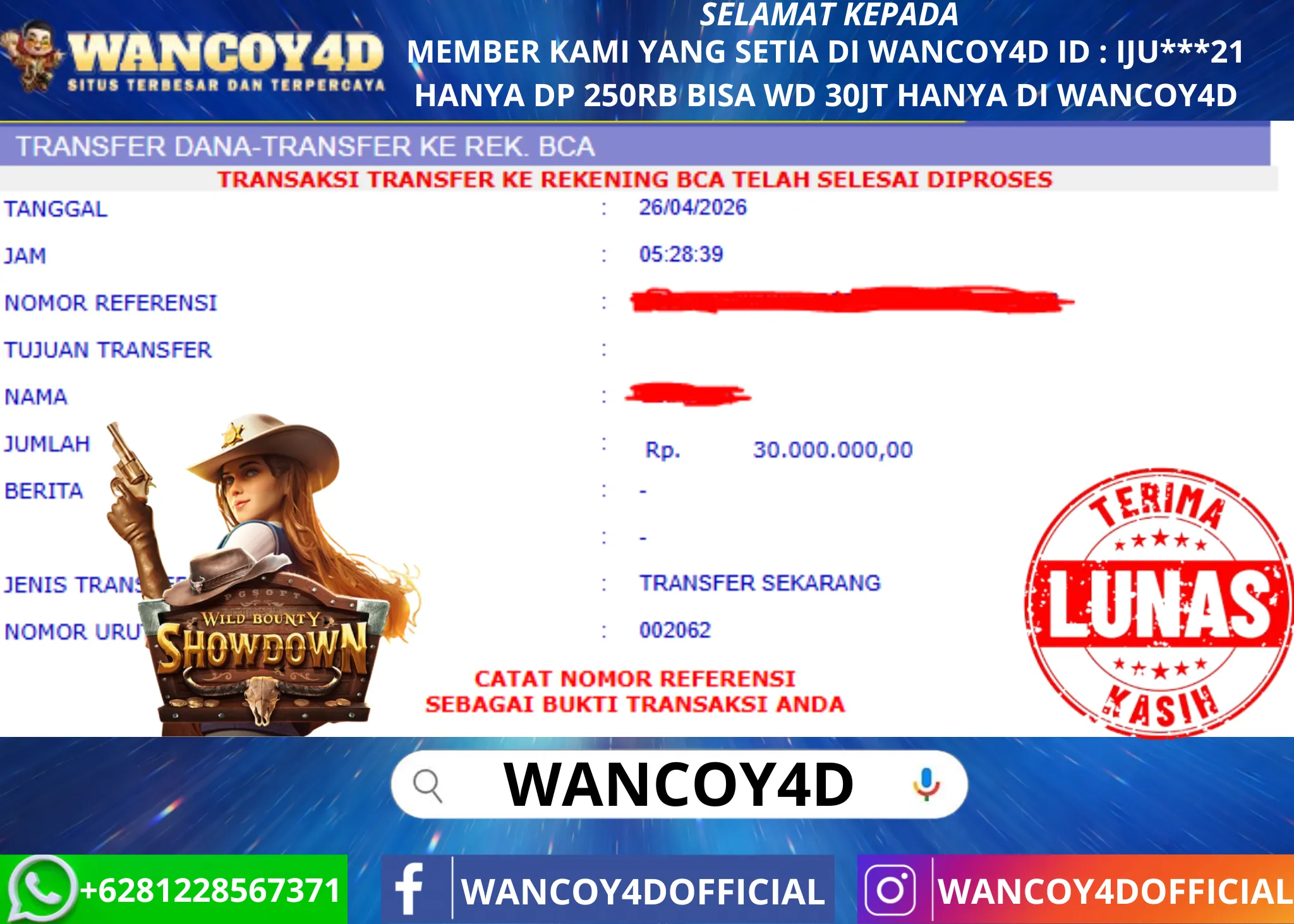 WANCOY4D WILD BOUNTY SHOWDOWN PG SOFT RP.30.000.000 -LUNAS
