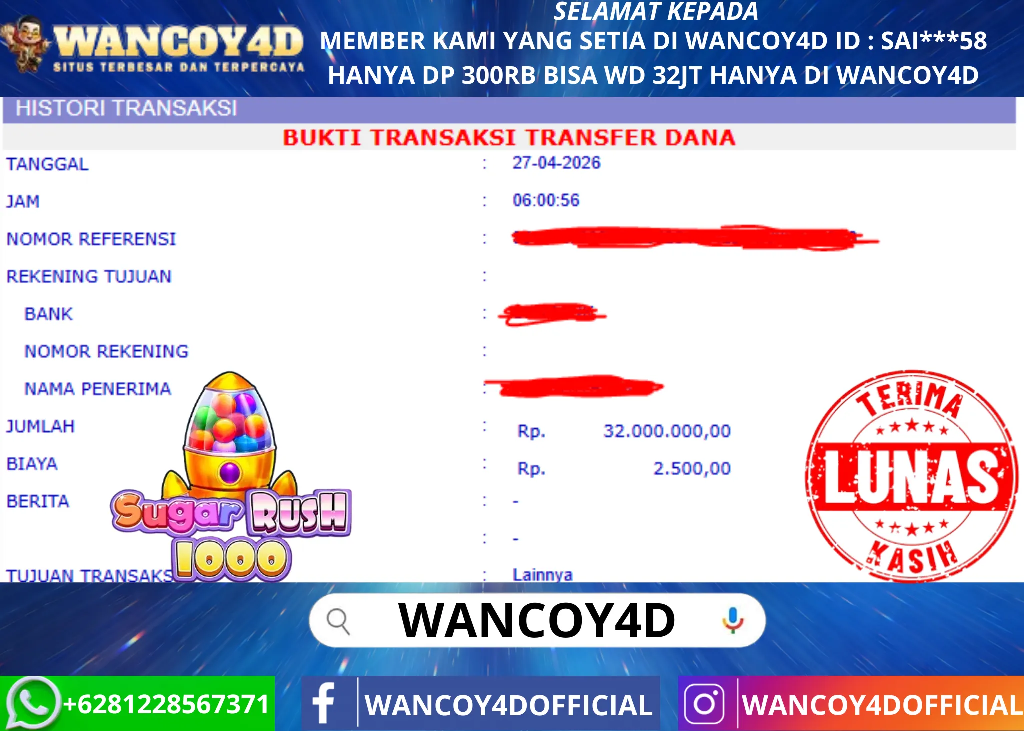 WANCOY4D SUGAR RUSH 1000 PRAGMATIC RP.32.000.000 -LUNAS
