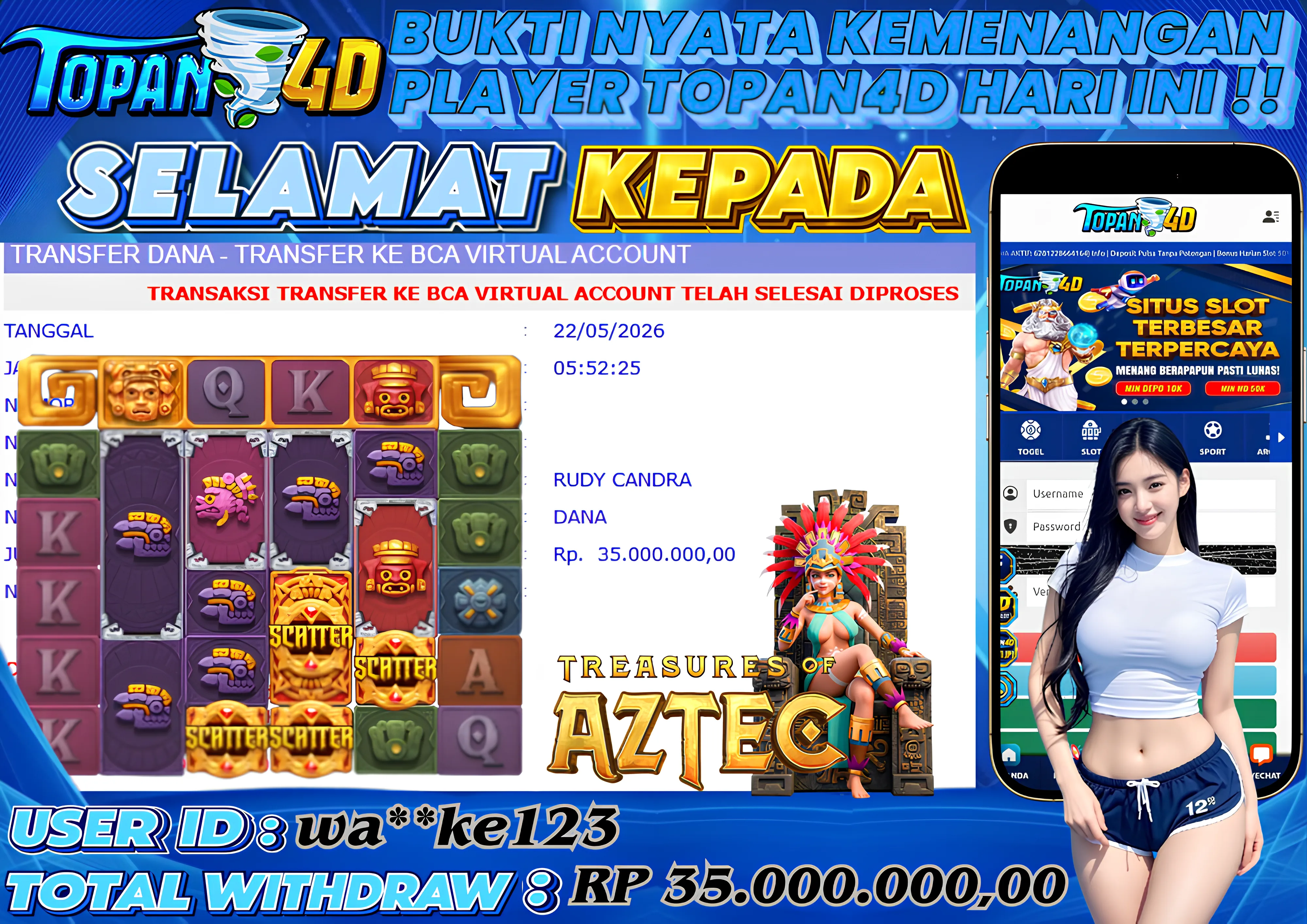 BUKTI KEMENANGAN MEMBER TOPAN4D - MENANG SLOT TREASURES OF AZTEC Rp.  35,000,000 - LUNAS!!