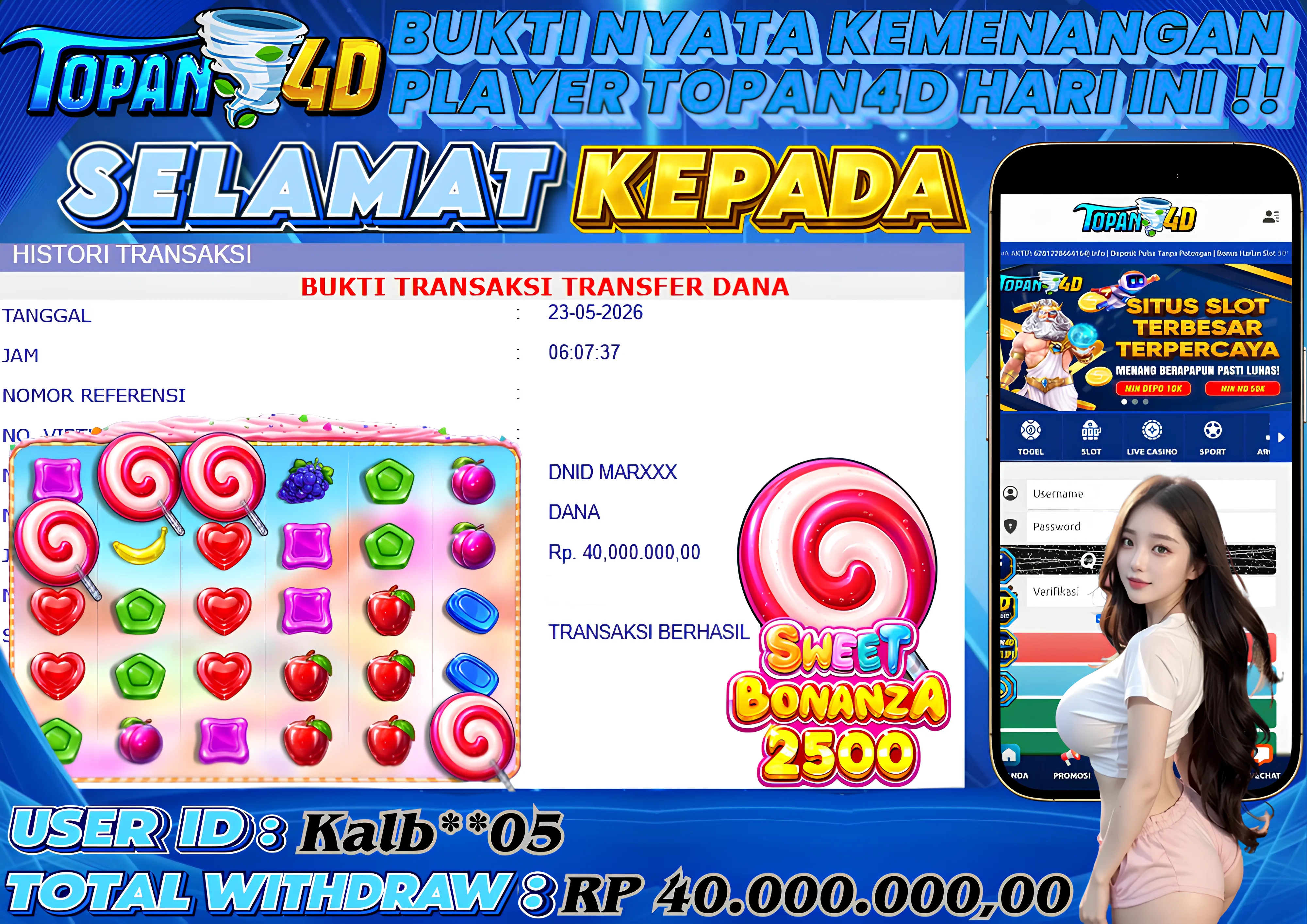 BUKTI KEMENANGAN MEMBER TOPAN4D - MENANG SLOT SWEET BONANZA 2500 Rp.  40,000,000 - LUNAS!!