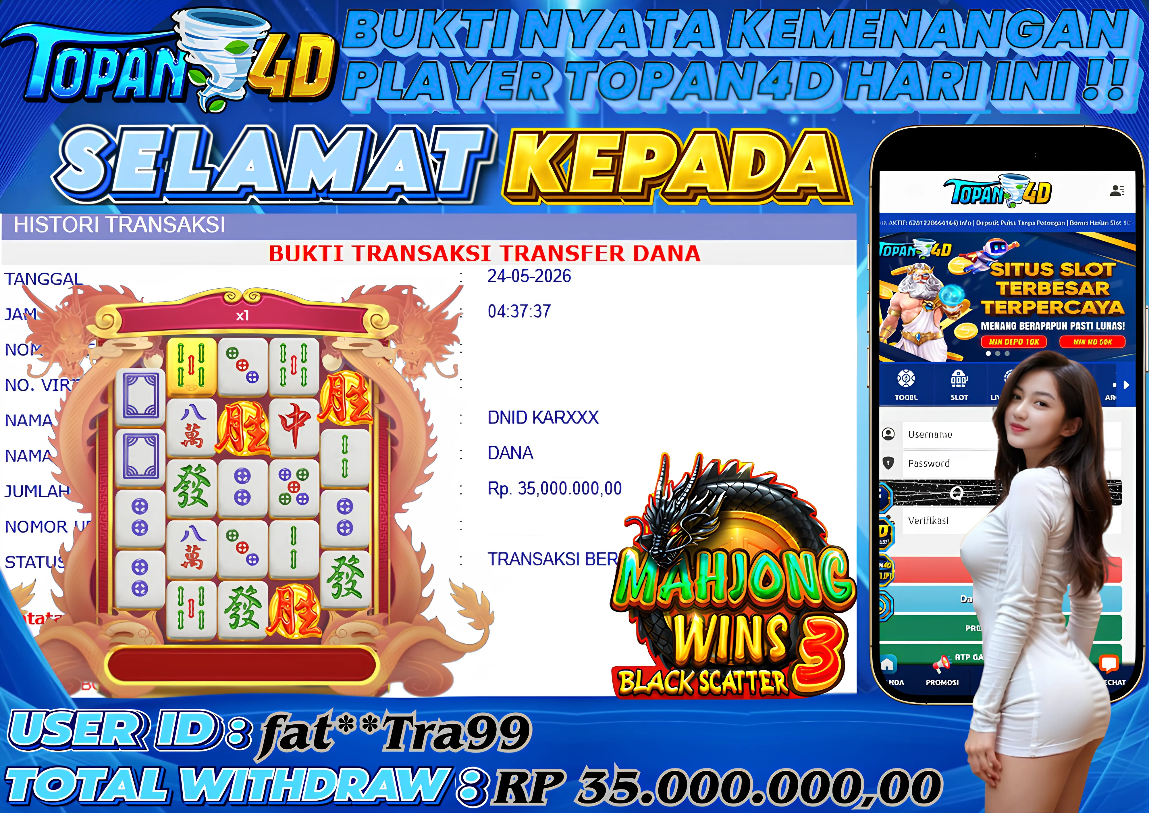 BUKTI KEMENANGAN MEMBER TOPAN4D - MENANG SLOT MAHJONG WINS 3 BLACK SCATTER Rp.  35,000,000 - LUNAS!!