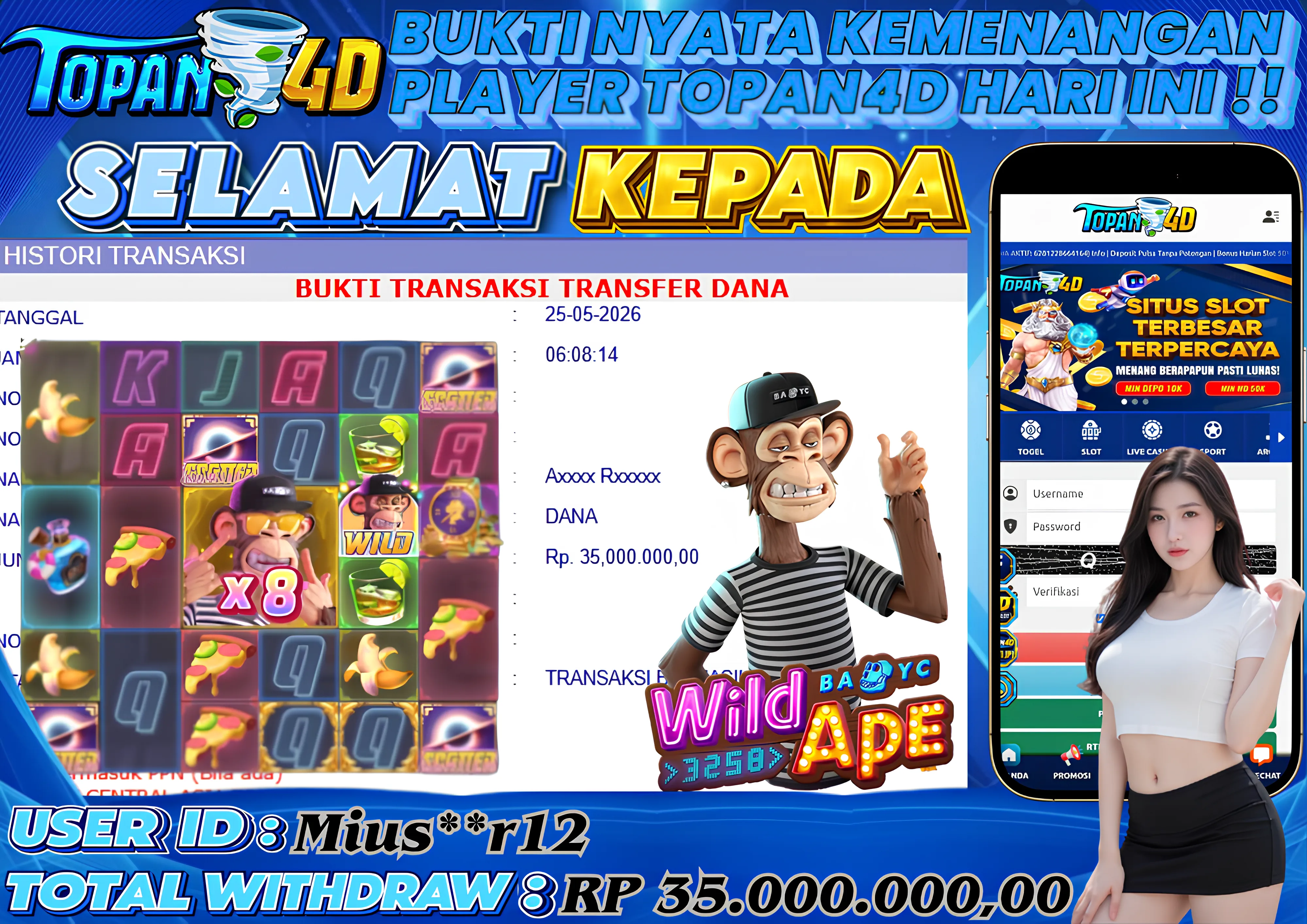 BUKTI KEMENANGAN MEMBER TOPAN4D - MENANG SLOT WILD APE #3258 Rp.  35,000,000 - LUNAS!!