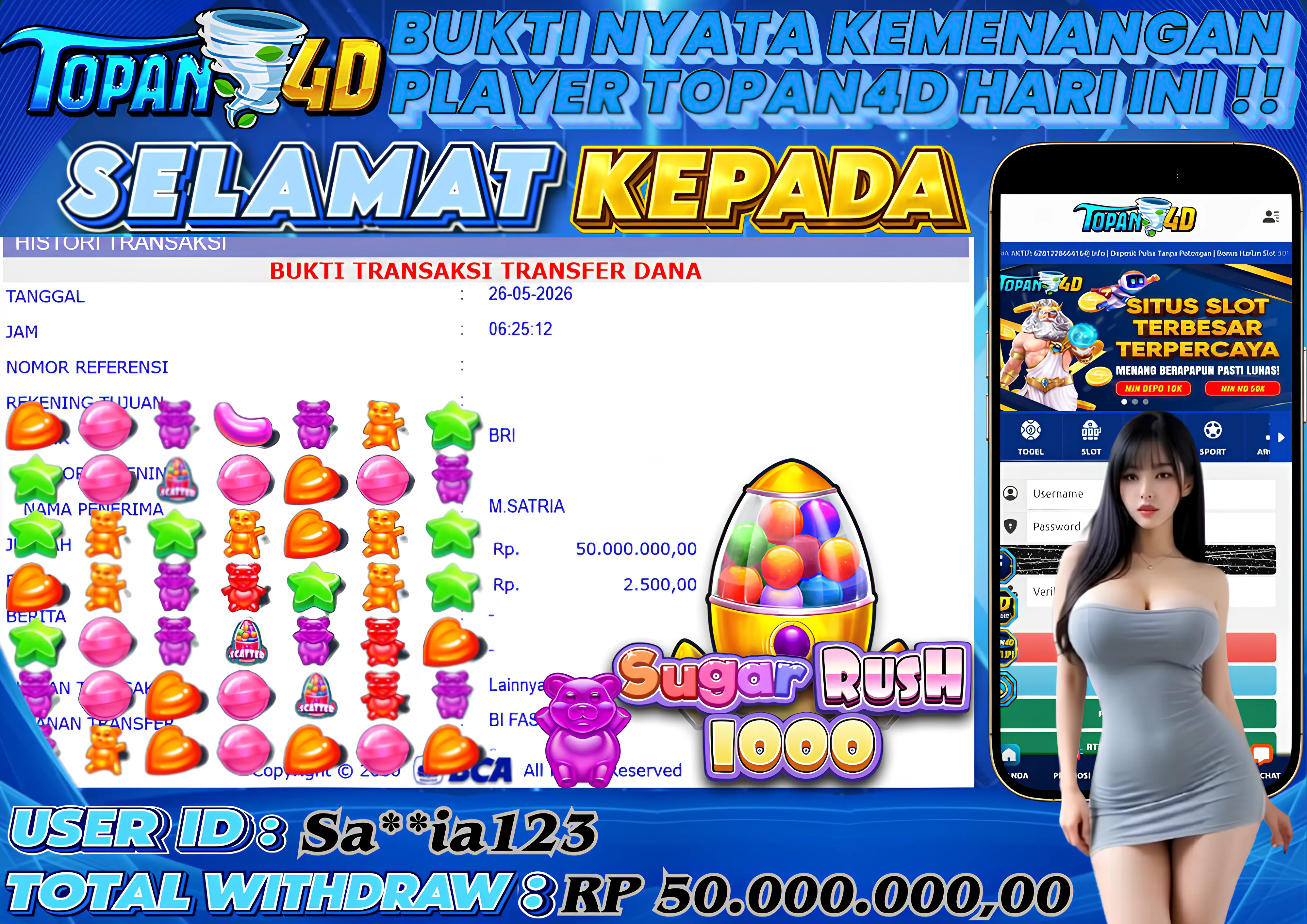 BUKTI KEMENANGAN MEMBER TOPAN4D - MENANG SLOT SUGAR RUSH 1000 Rp.  50,000,000 - LUNAS!!