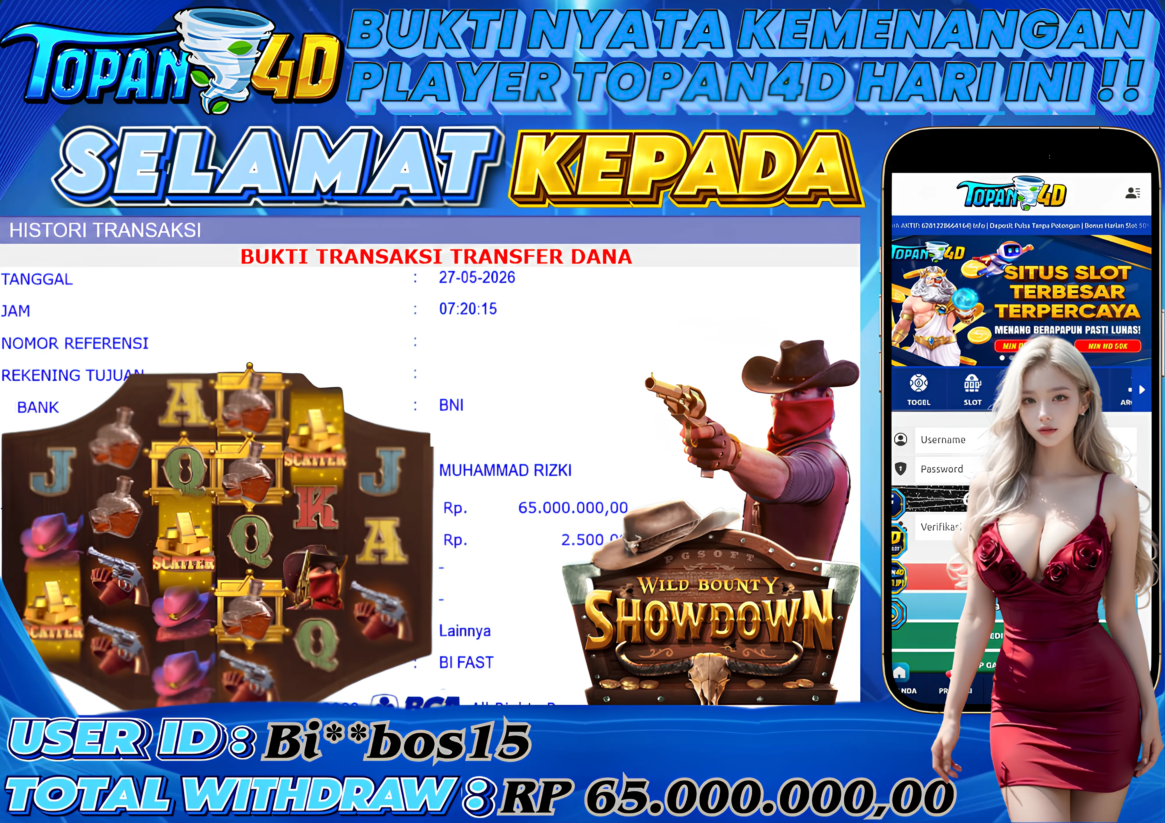 BUKTI KEMENANGAN MEMBER TOPAN4D - MENANG SLOT WILD BOUNTY SHOWDOWN Rp. 65,000,000 - LUNAS!!