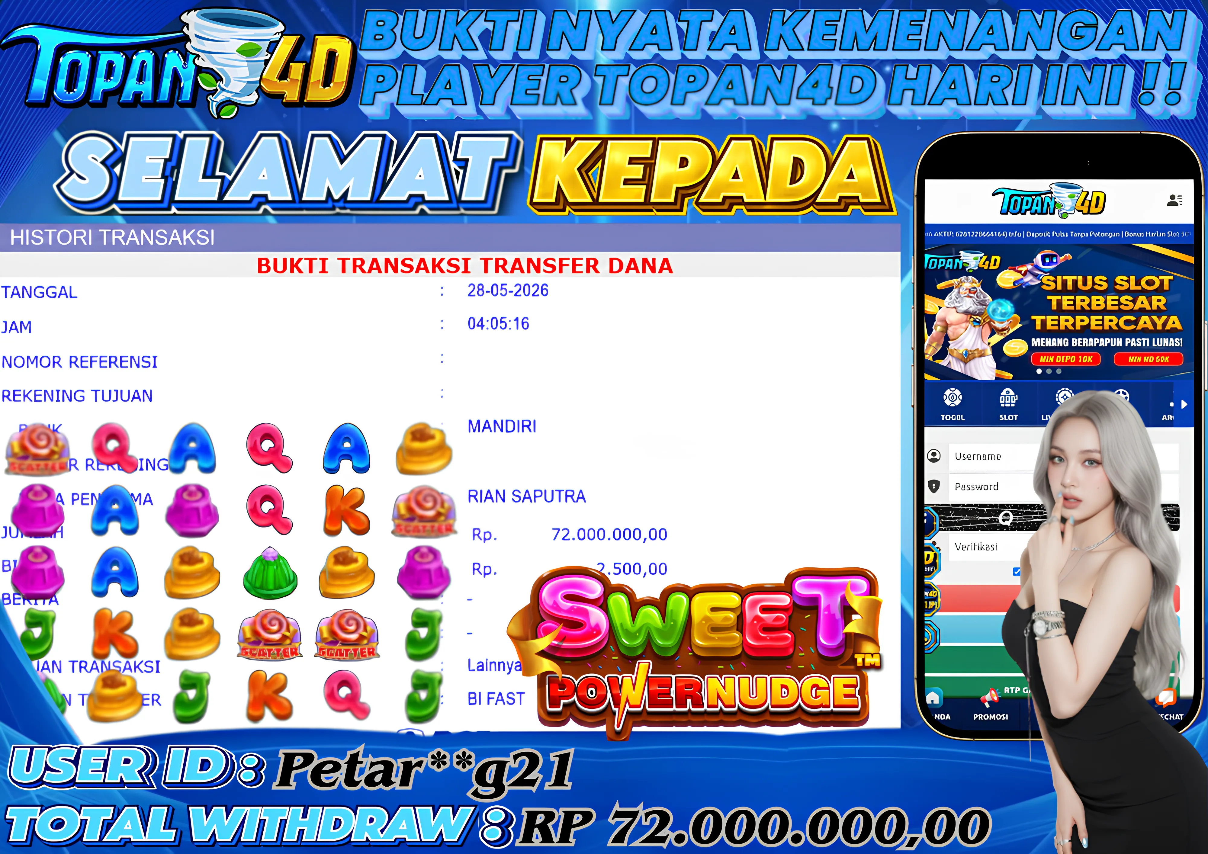 BUKTI KEMENANGAN MEMBER TOPAN4D - MENANG SLOT SWEET POWERNUDGE Rp. 72,000,000 - LUNAS!!