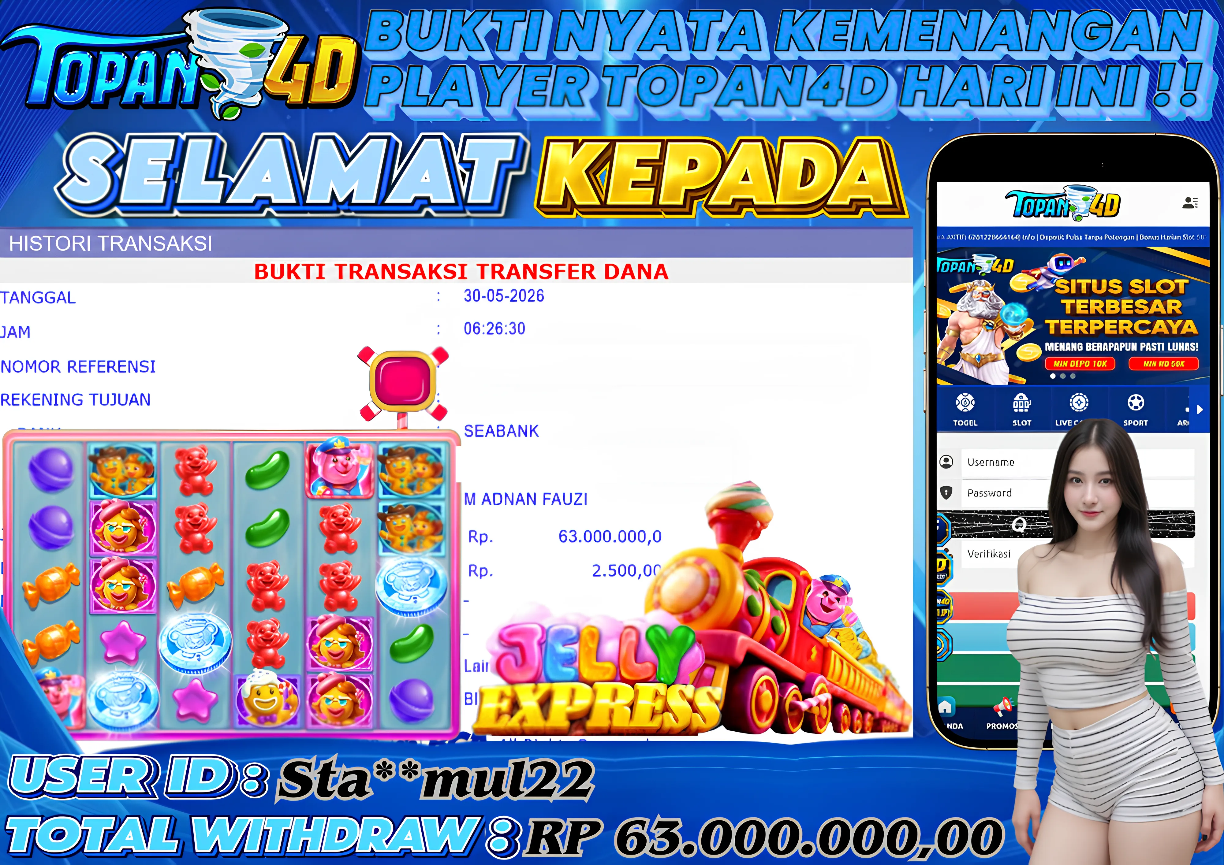 BUKTI KEMENANGAN MEMBER TOPAN4D - MENANG SLOT JELLY EXPRESS Rp. 63,000,000 - LUNAS!!
