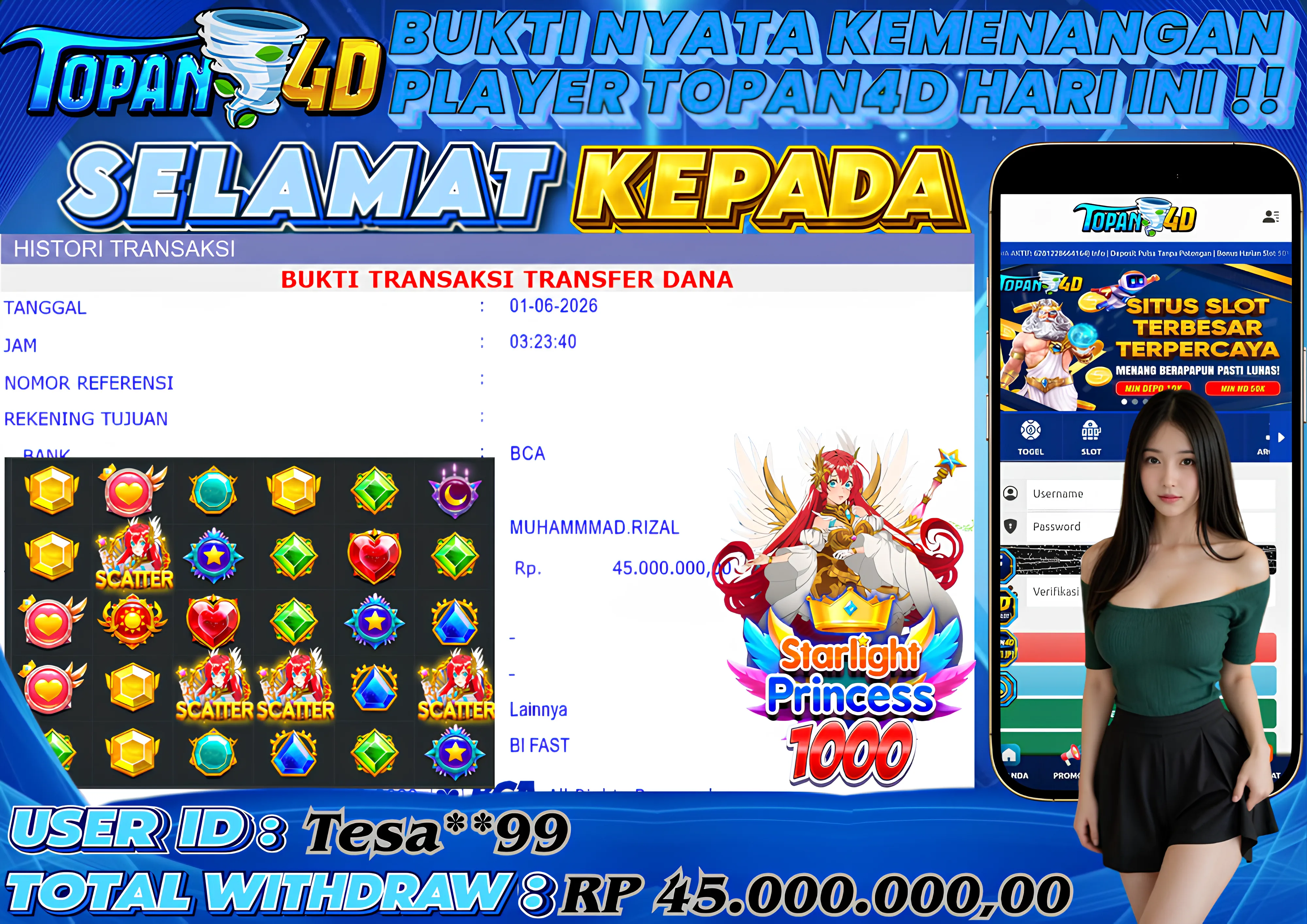 BUKTI KEMENANGAN MEMBER TOPAN4D - MENANG SLOT STARLIGHT PRINCESS 1000 Rp. 45,000,000 - LUNAS!!