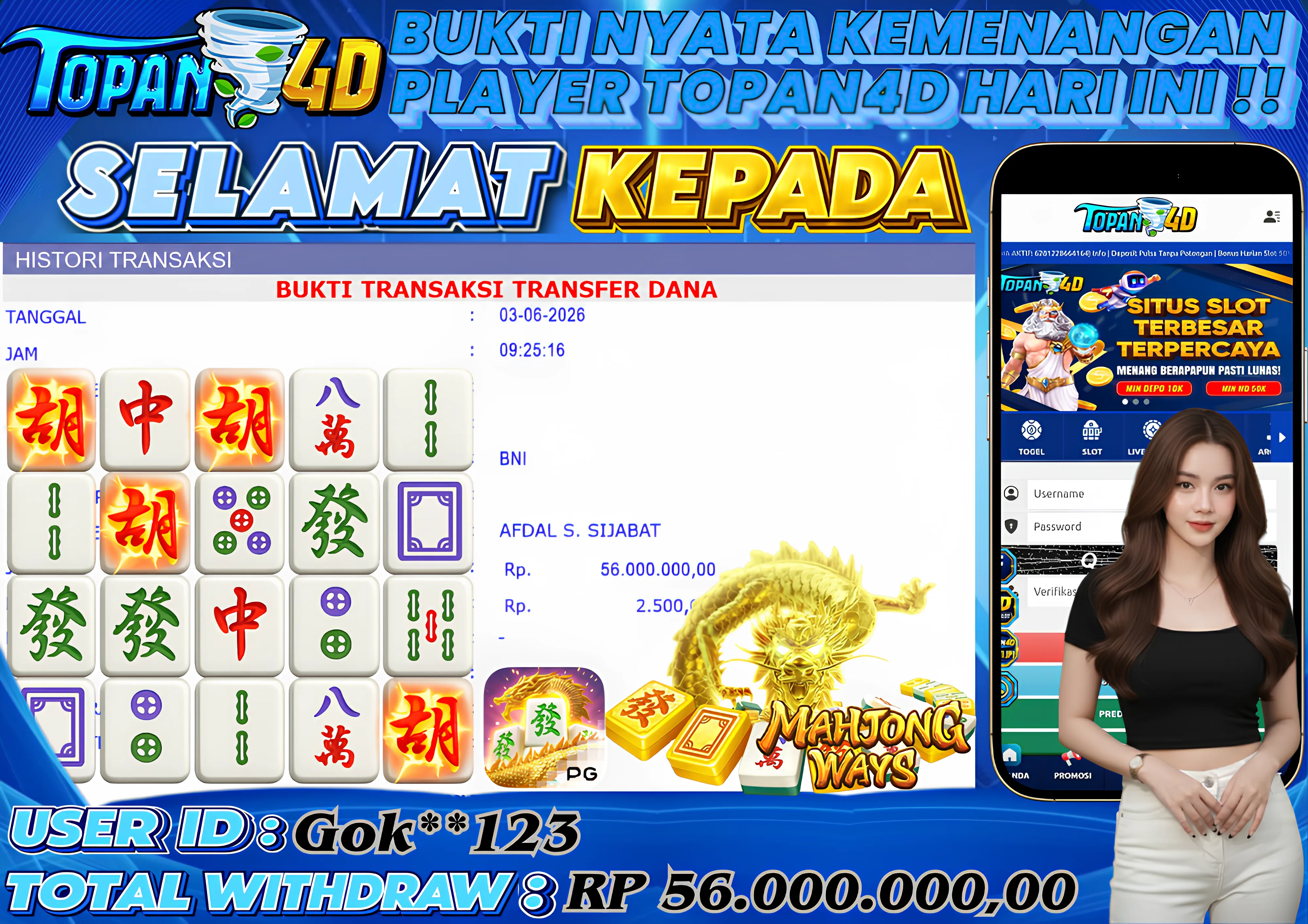 BUKTI KEMENANGAN MEMBER TOPAN4D - MENANG SLOT MAHJONG WAYS Rp. 56,000,000 - LUNAS!!