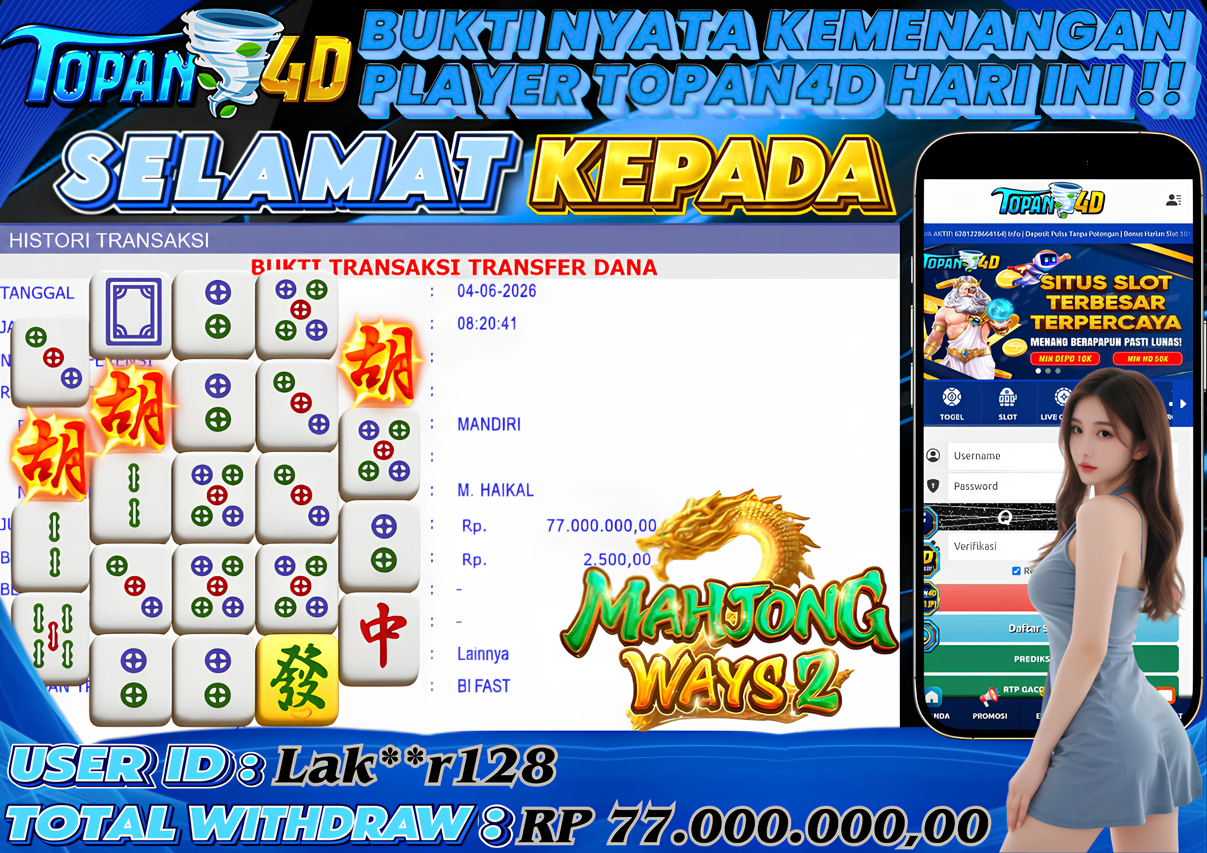 BUKTI KEMENANGAN MEMBER TOPAN4D - MENANG SLOT MAHJONG WAYS 2 Rp. 77,000,000 - LUNAS!!