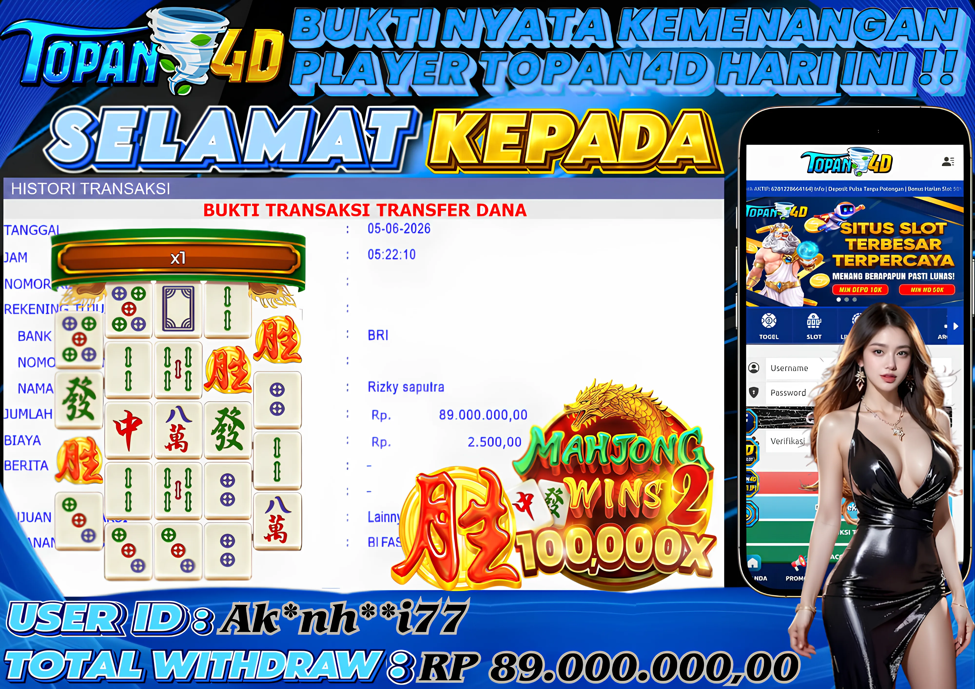 BUKTI KEMENANGAN MEMBER TOPAN4D - MENANG SLOT MAHJONG WINS 2 Rp. 89,000,000 - LUNAS!!