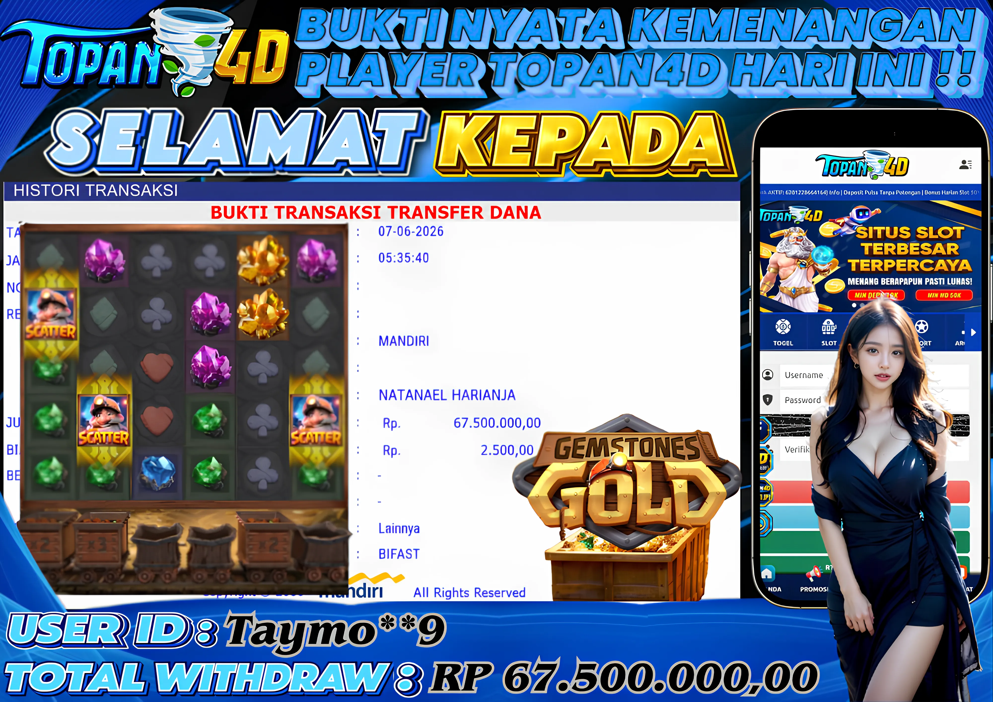 BUKTI KEMENANGAN MEMBER TOPAN4D - MENANG SLOT GEMSTONES GOLD Rp. 67,500,000 - LUNAS!!