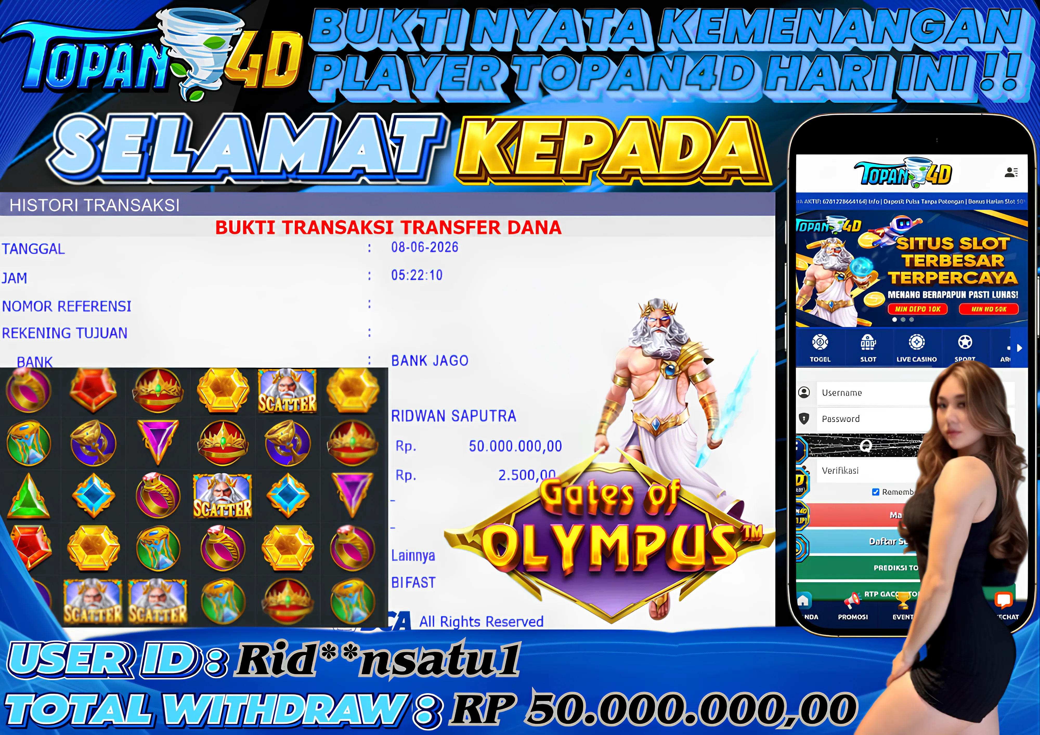 BUKTI KEMENANGAN MEMBER TOPAN4D - MENANG SLOT GATES OF OLYMPUS Rp. 50,000,000 - LUNAS!!