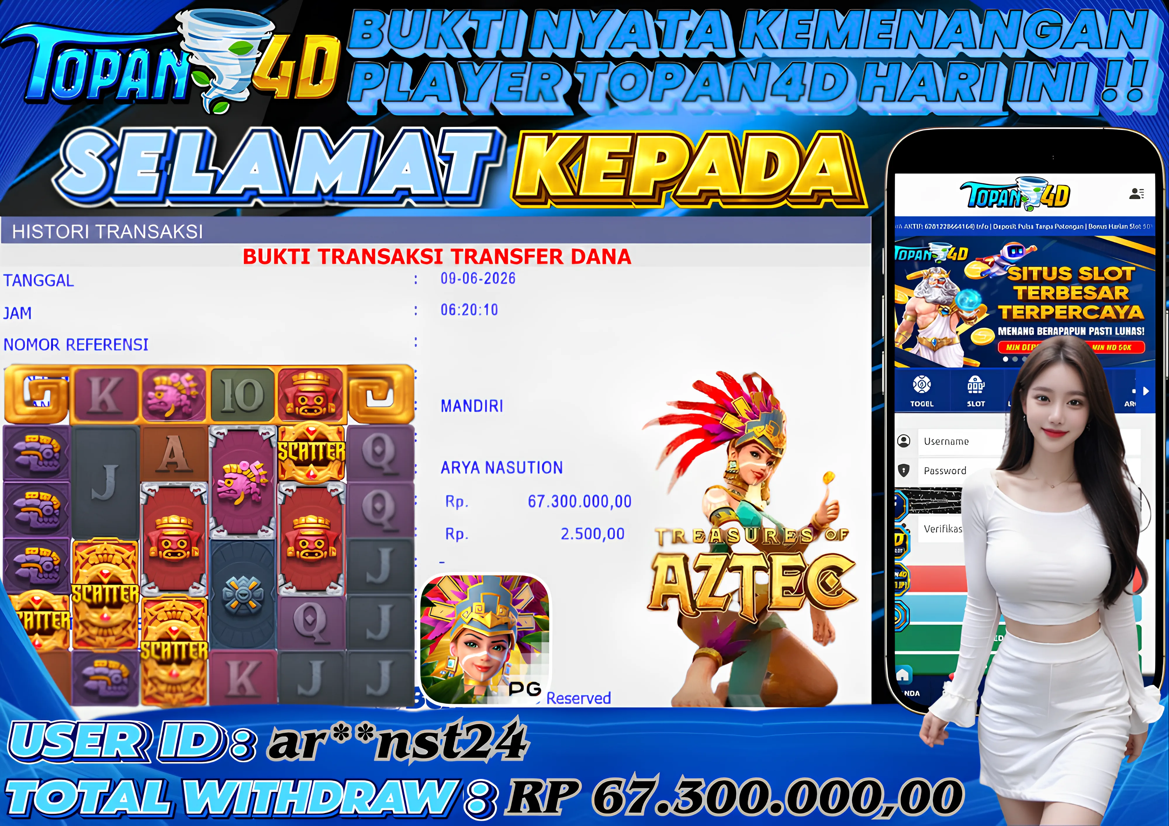 BUKTI KEMENANGAN MEMBER TOPAN4D - MENANG SLOT TREASURES OF AZTEC Rp. 67,300,000 - LUNAS!!