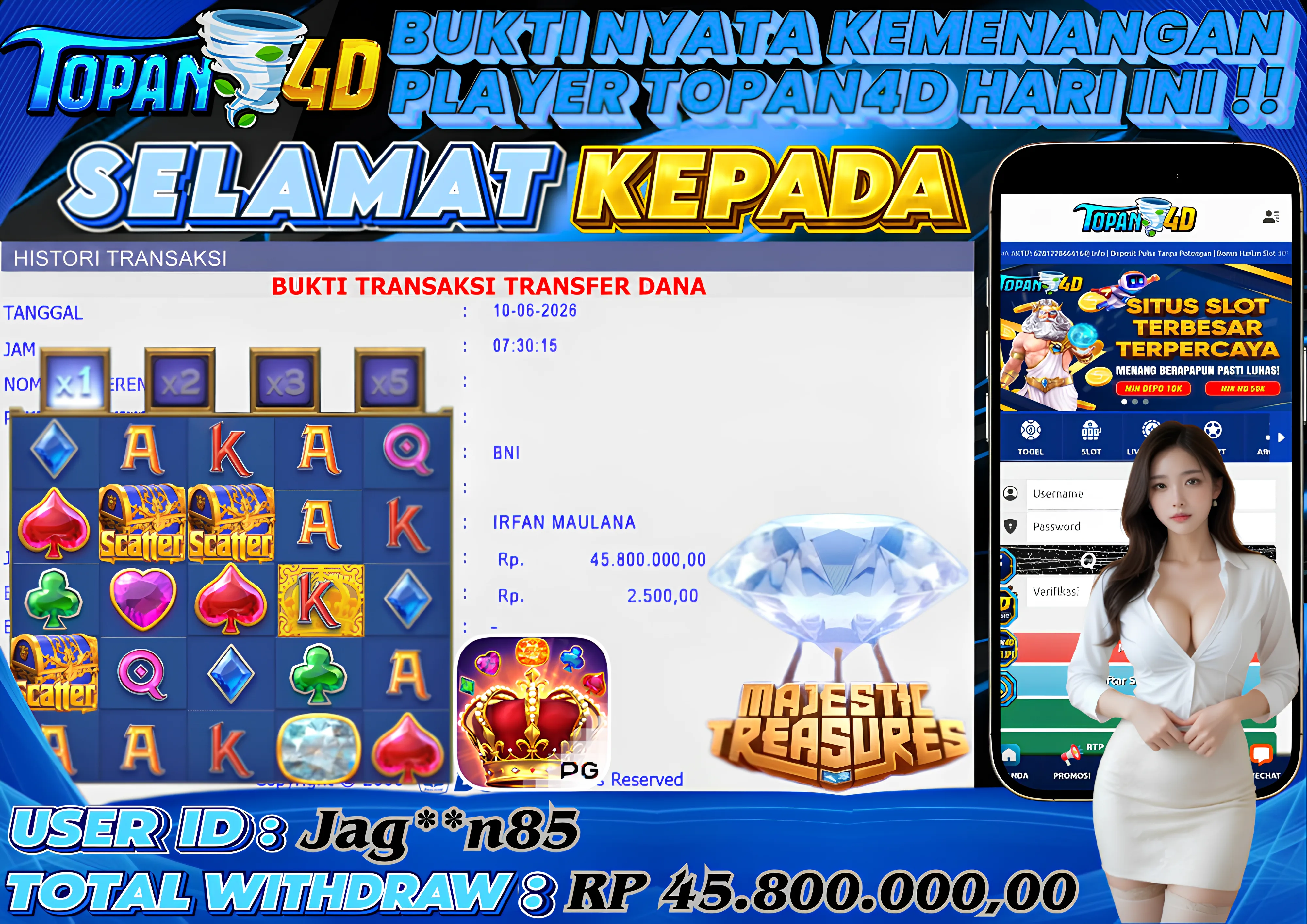 BUKTI KEMENANGAN MEMBER TOPAN4D - MENANG SLOT MAJESTIC TREASURES Rp. 45,800,000 - LUNAS!!