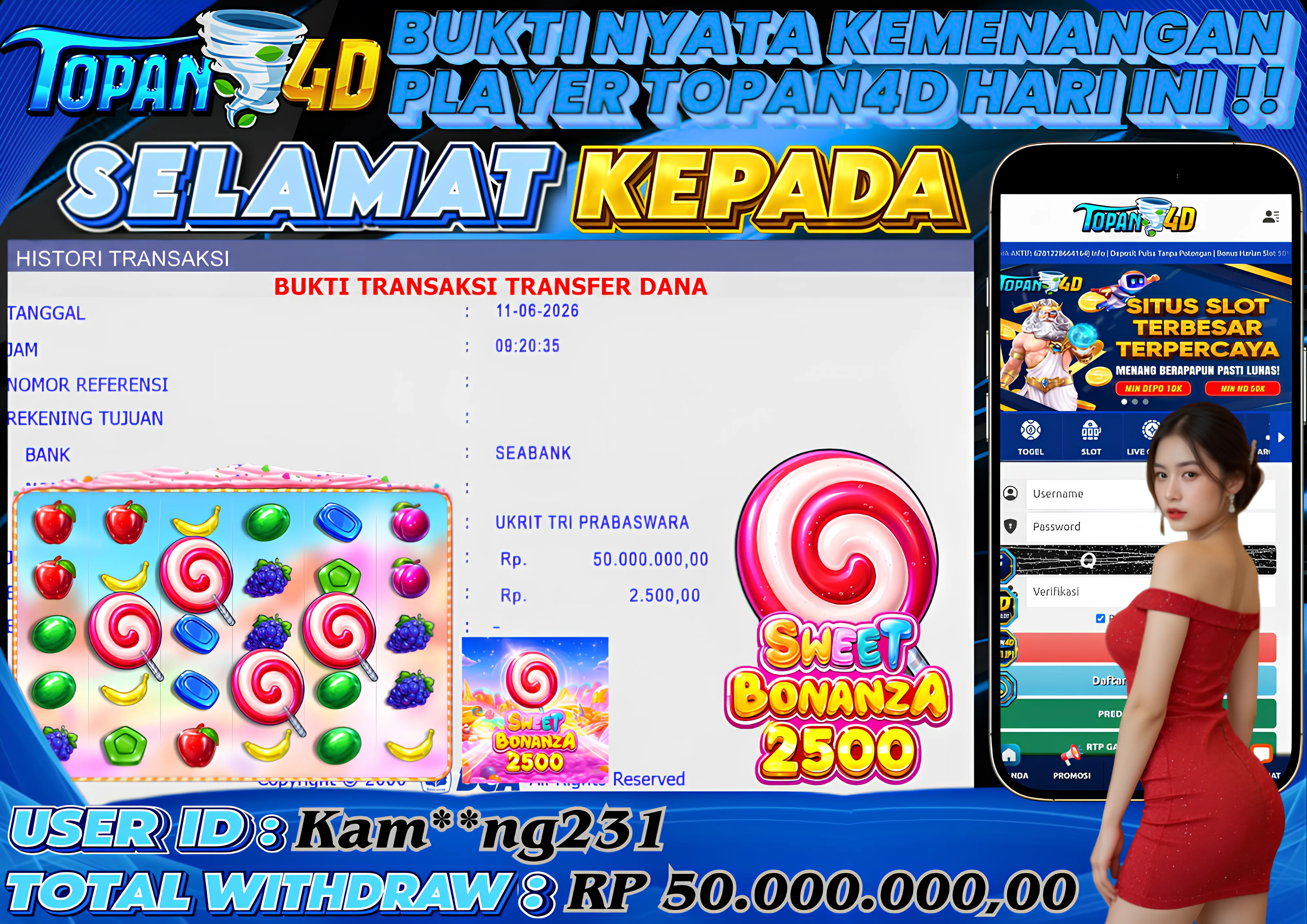 BUKTI KEMENANGAN MEMBER TOPAN4D - MENANG SLOT SWEET BONANZA 2500 Rp. 50,000,000 - LUNAS!!