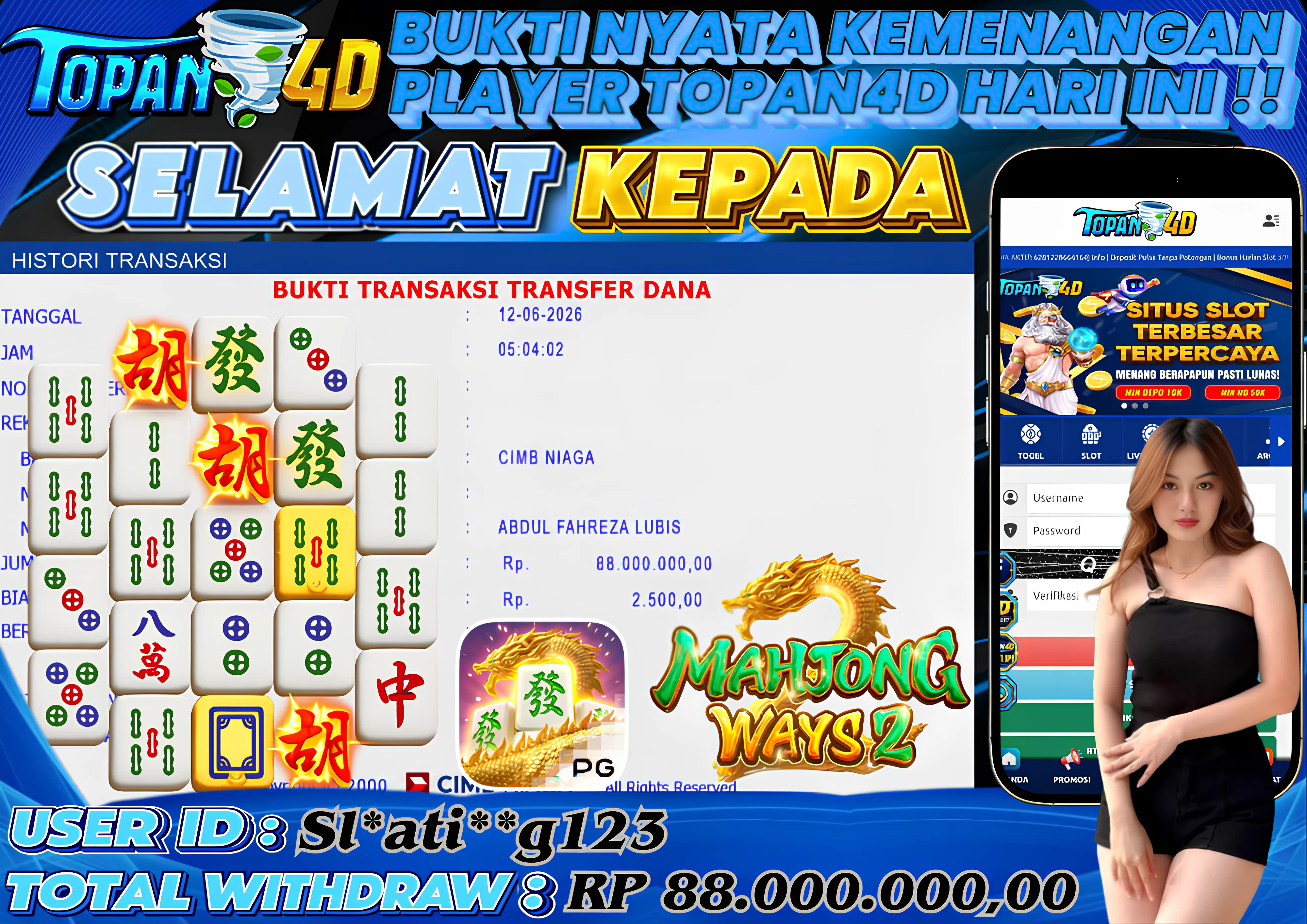 BUKTI KEMENANGAN MEMBER TOPAN4D - MENANG SLOT MAHJONG WAYS 2 Rp. 88,000,000 - LUNAS!!