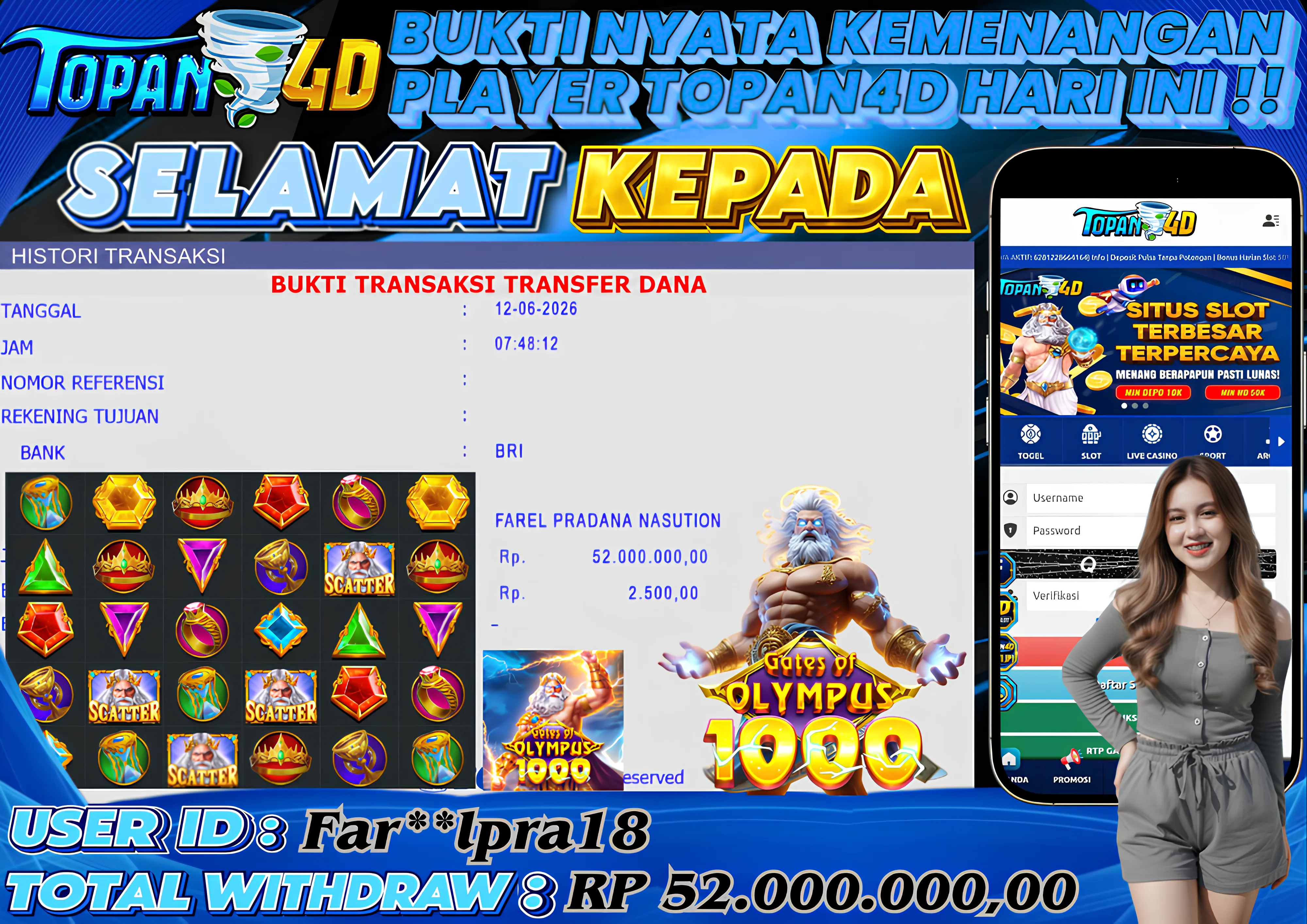 BUKTI KEMENANGAN MEMBER TOPAN4D - MENANG SLOT GATES OF OLYMPUS 1000 Rp. 52,000,000 - LUNAS!!