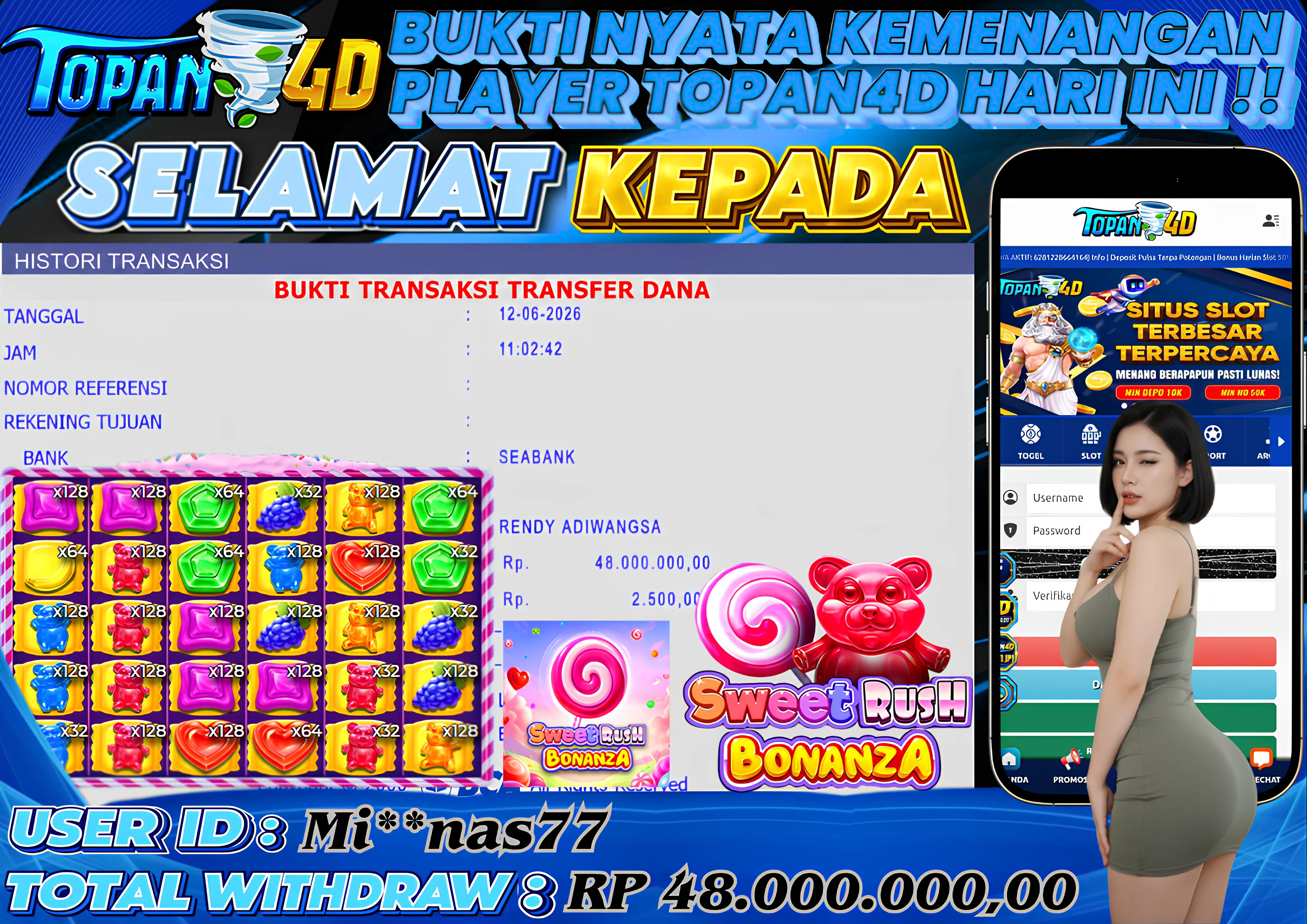 BUKTI KEMENANGAN MEMBER TOPAN4D - MENANG SLOT SWEET RUSH BONANZA Rp. 48,000,000 - LUNAS!!
