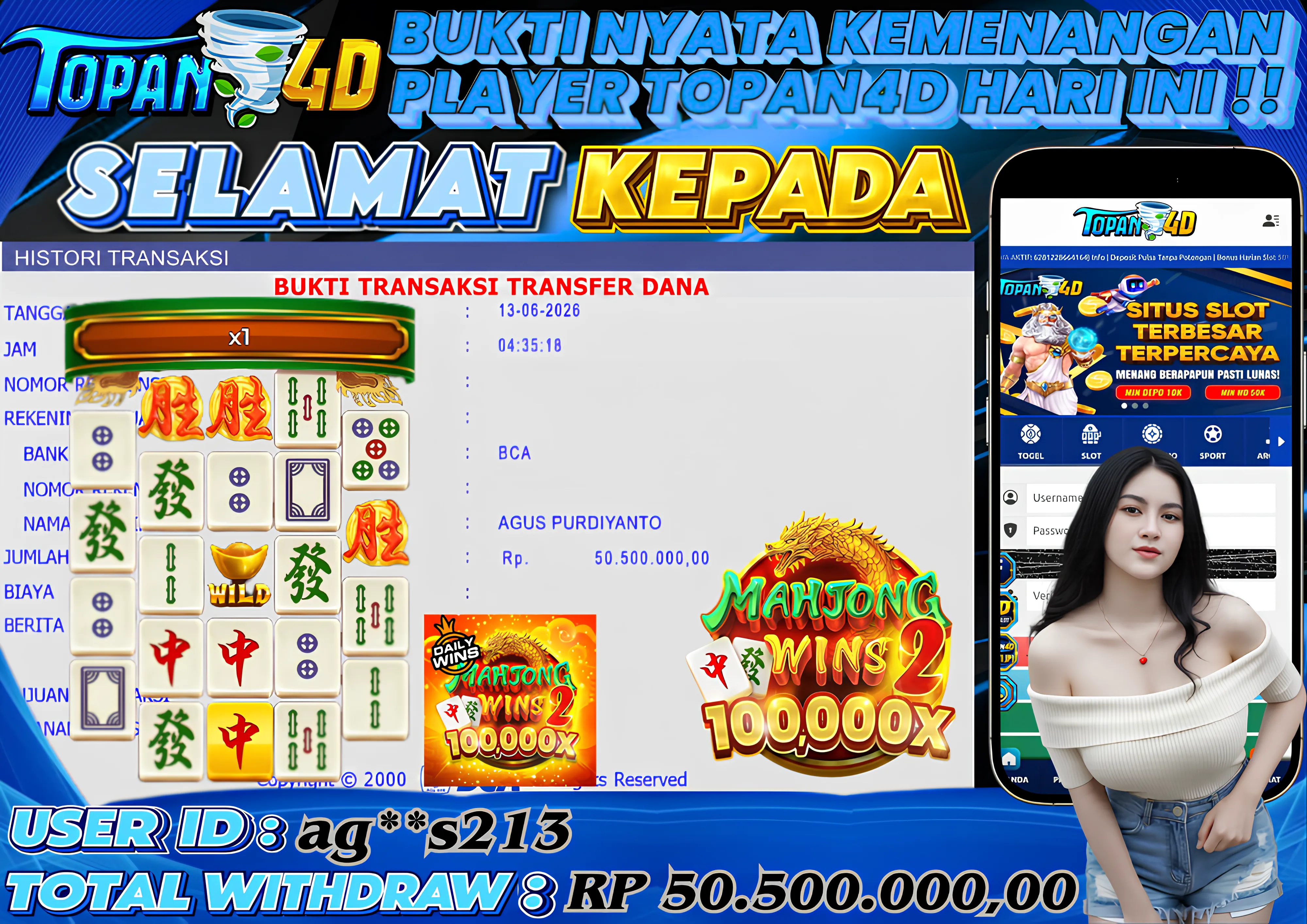 BUKTI KEMENANGAN MEMBER TOPAN4D - MENANG SLOT MAHJONG WINS 2 Rp. 50,500,000 - LUNAS!!