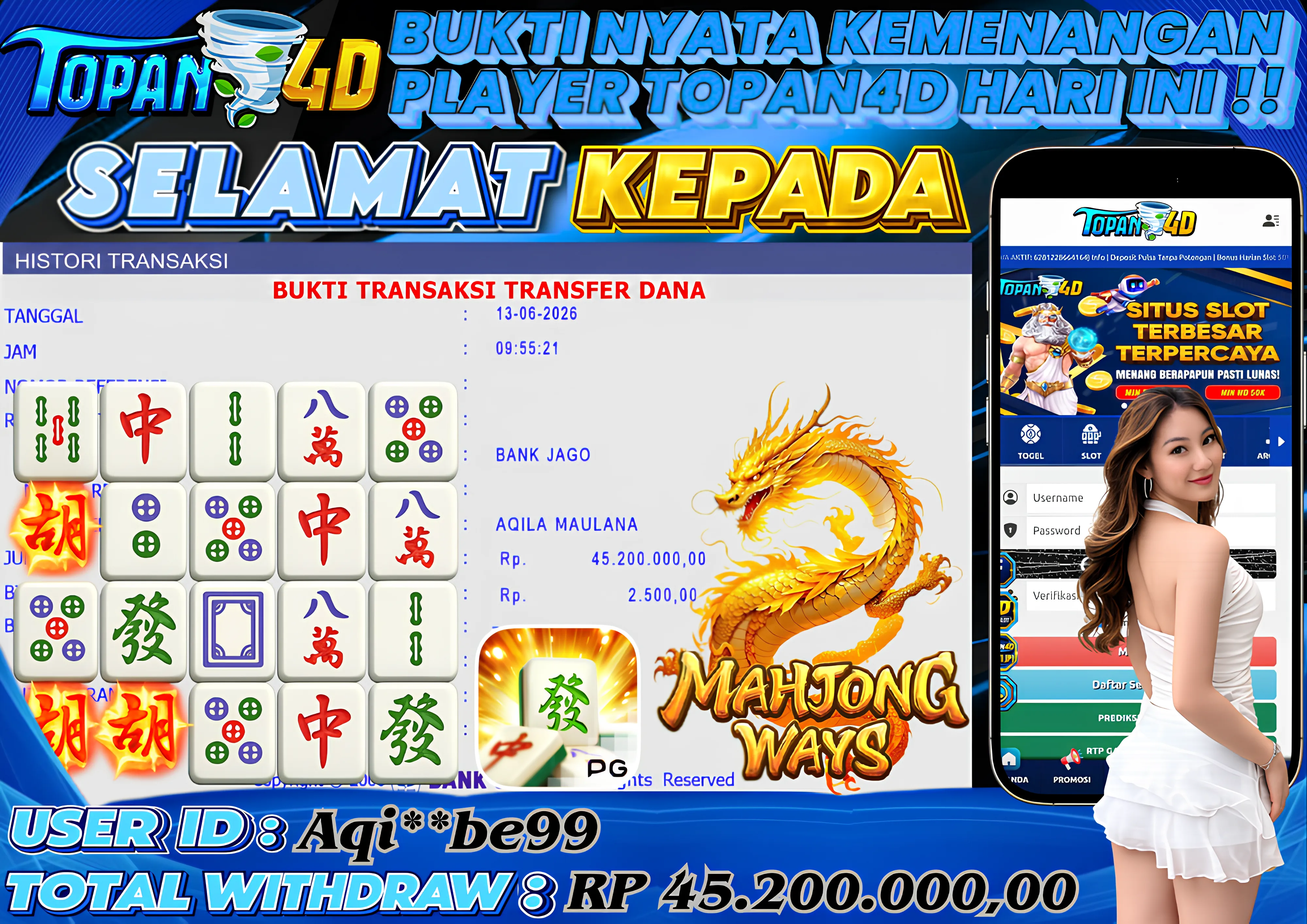 BUKTI KEMENANGAN MEMBER TOPAN4D - MENANG SLOT MAHJONG WAYS Rp. 45,200,000 - LUNAS!!