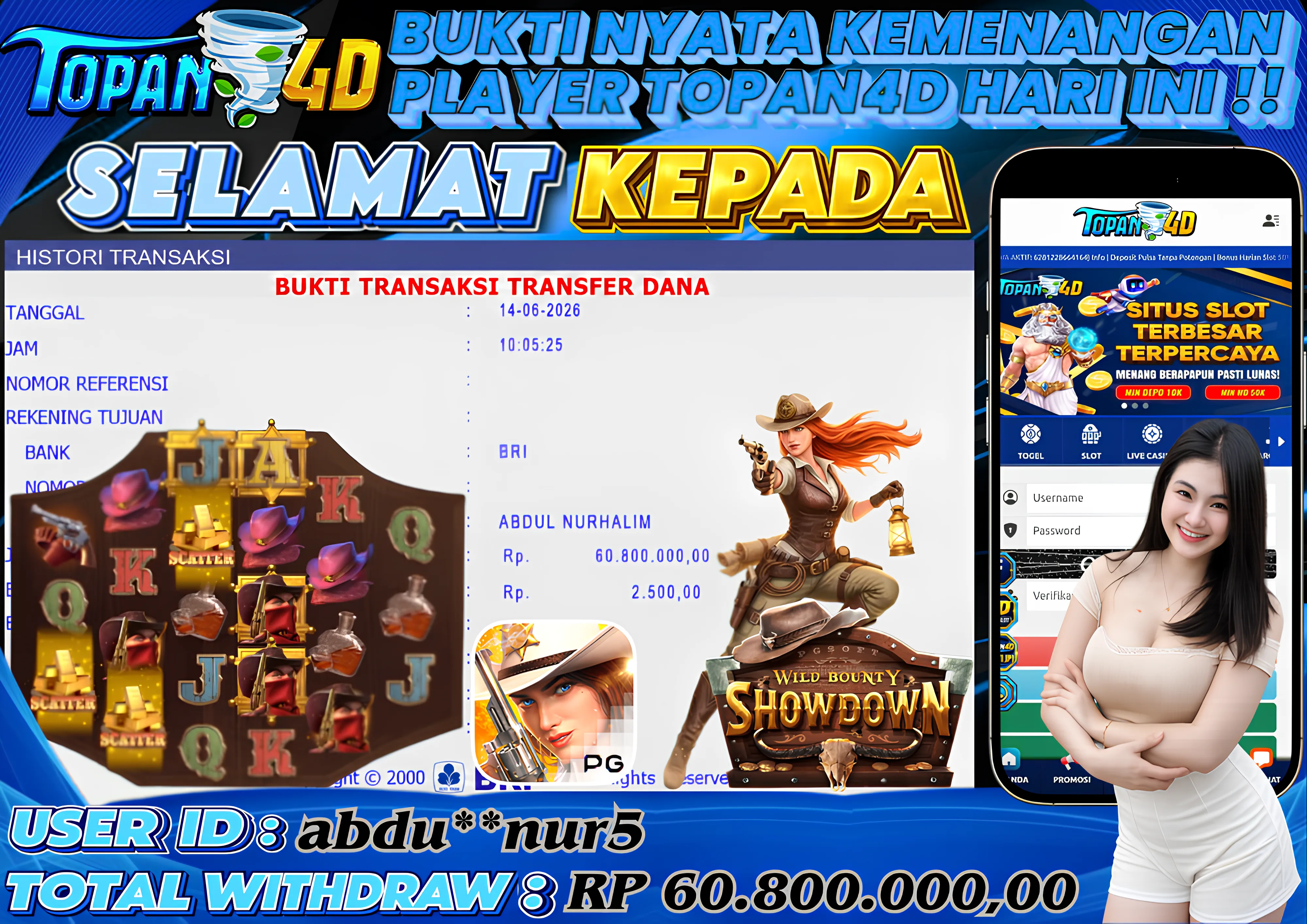BUKTI KEMENANGAN MEMBER TOPAN4D - MENANG SLOT WILD BOUNTY SHOWDOWN Rp. 60,800,000 - LUNAS!!