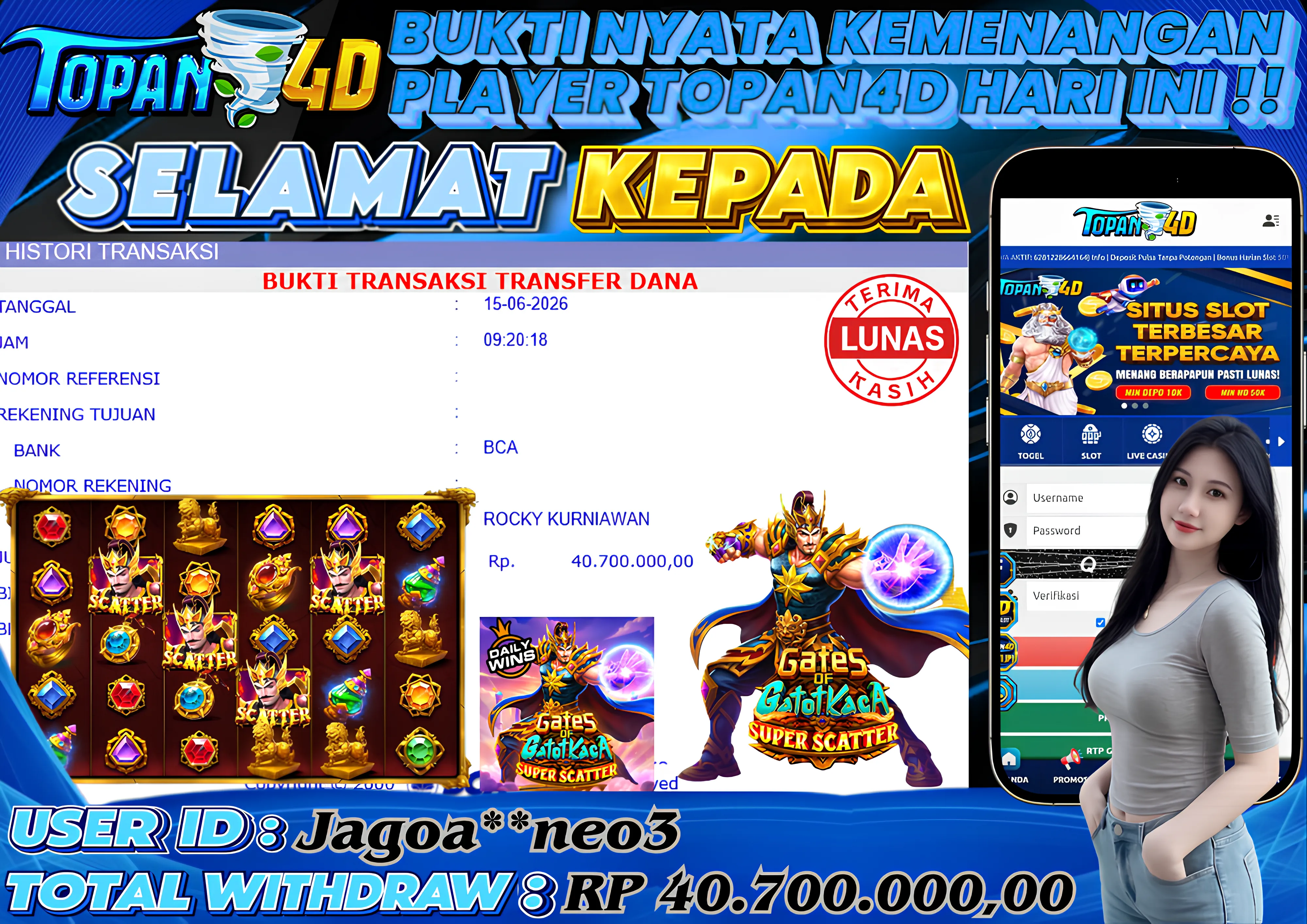 BUKTI KEMENANGAN MEMBER TOPAN4D - MENANG SLOT GATES OF GATOT KACA SUPER SCATTER Rp. 40,700,000 - LUNAS!!