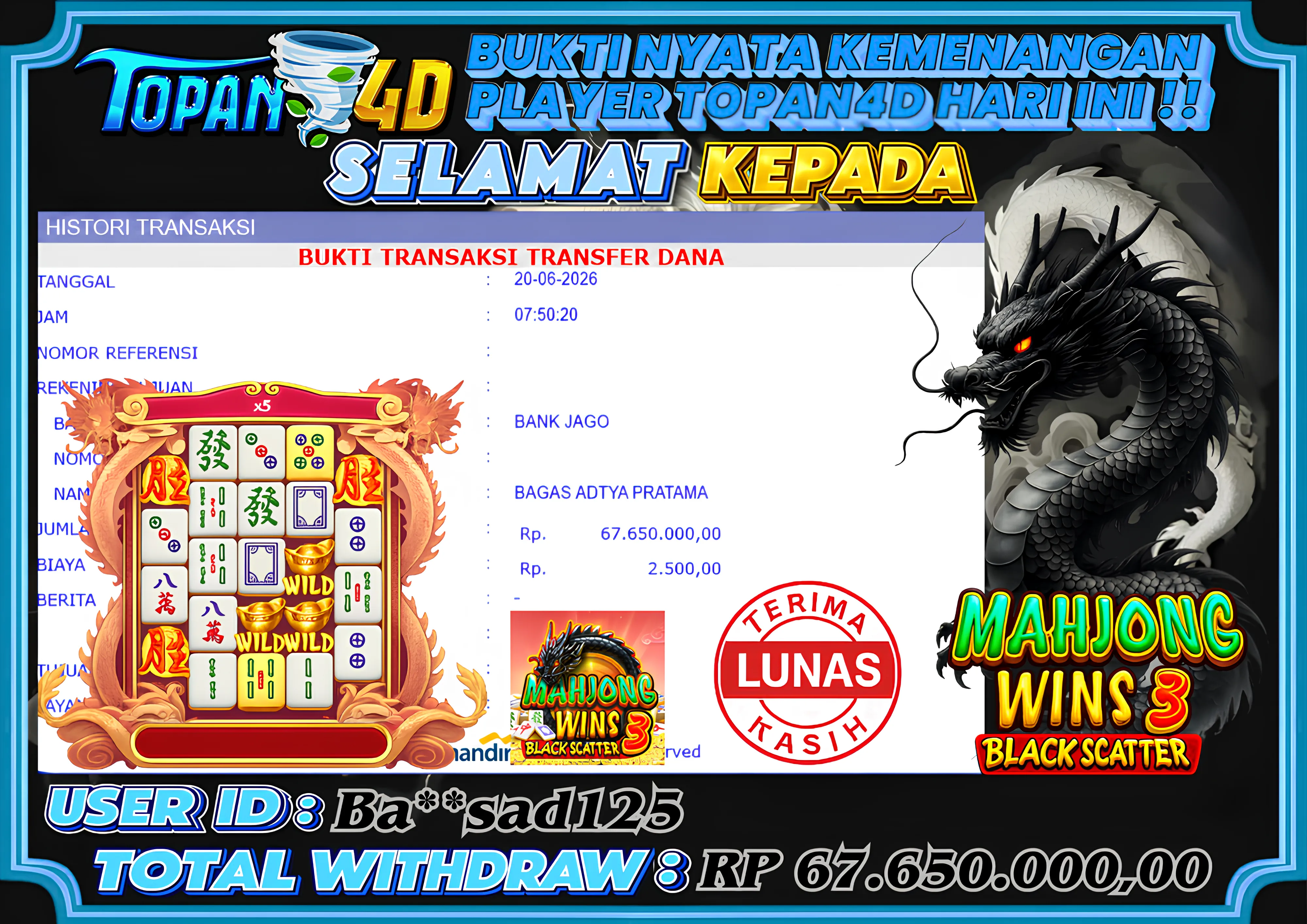 BUKTI KEMENANGAN MEMBER TOPAN4D - MENANG SLOT MAHJONG WINS 3 BLACK SCATTER Rp. 67,650,000 - LUNAS!!