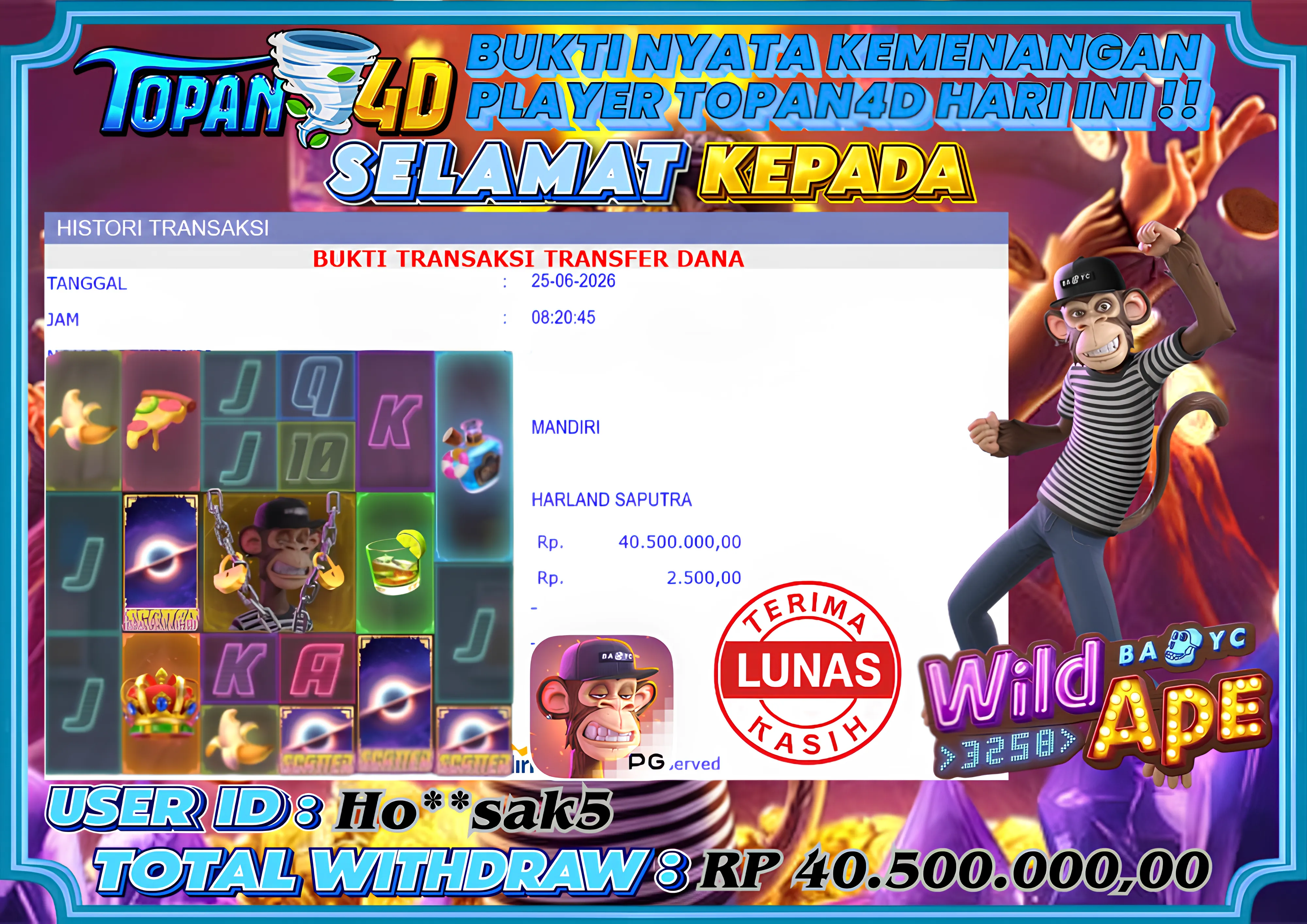 BUKTI KEMENANGAN MEMBER TOPAN4D - MENANG SLOT WILD APE #3258 Rp. 40,500,000 - LUNAS!!