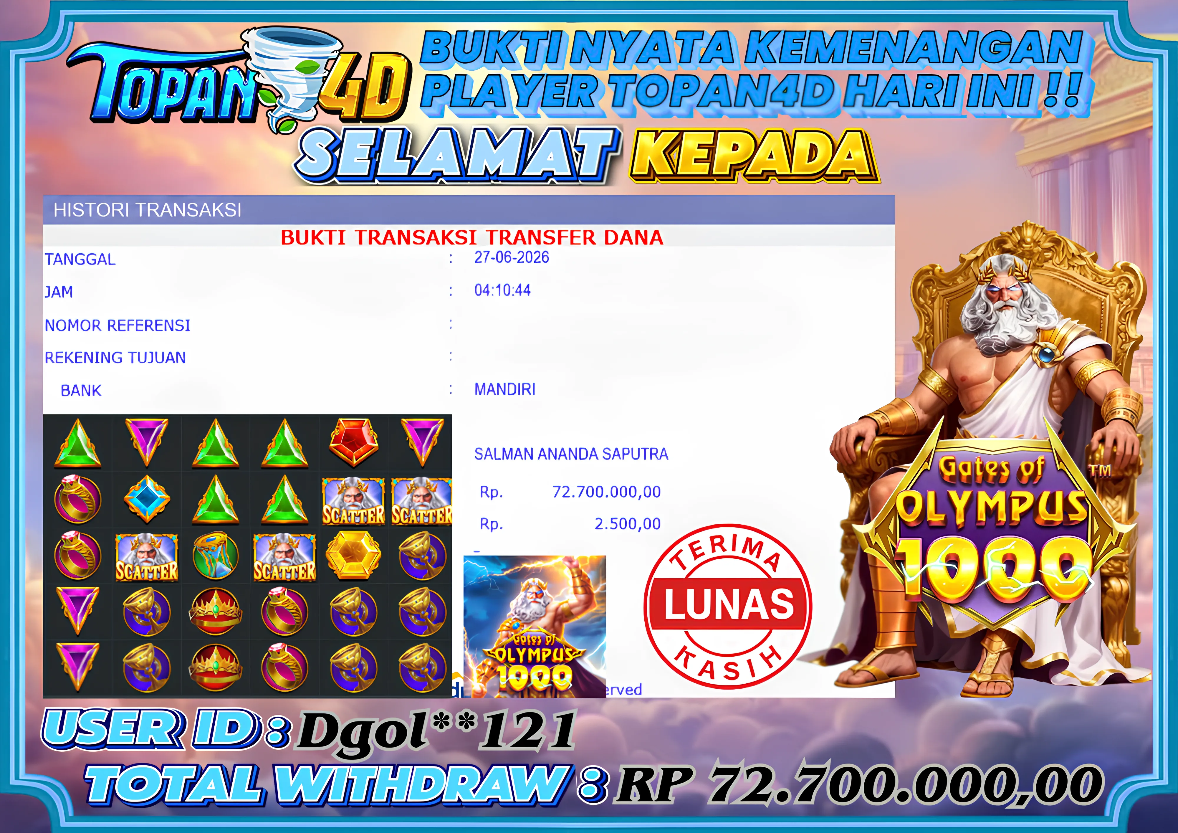 BUKTI KEMENANGAN MEMBER TOPAN4D - MENANG SLOT GATES OF OLYMPUS 1000 Rp. 72,700,000 - LUNAS!!