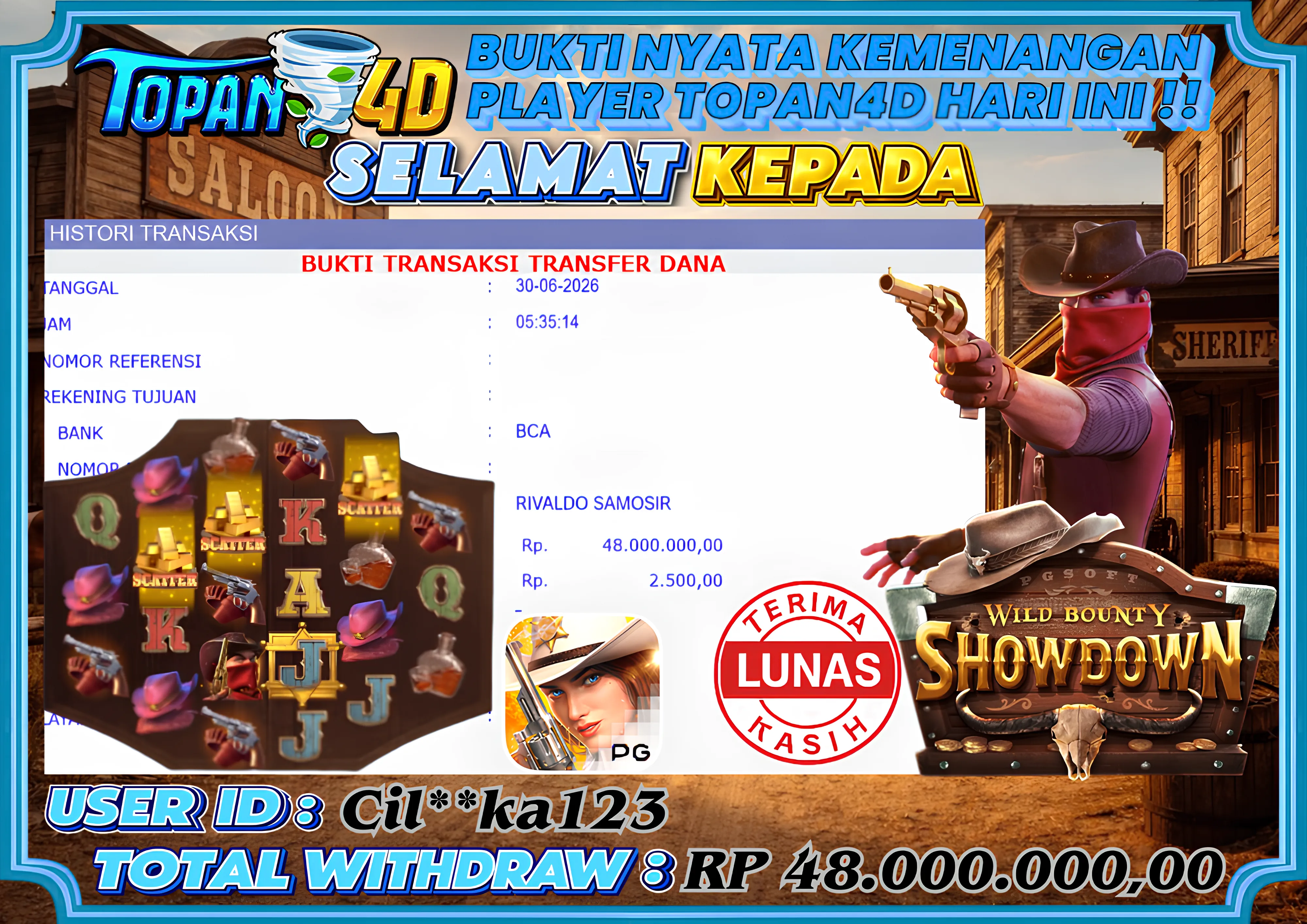 BUKTI KEMENANGAN MEMBER TOPAN4D - MENANG SLOT WILD BOUNTY SHOWDOWN Rp. 48,000,000 - LUNAS!!