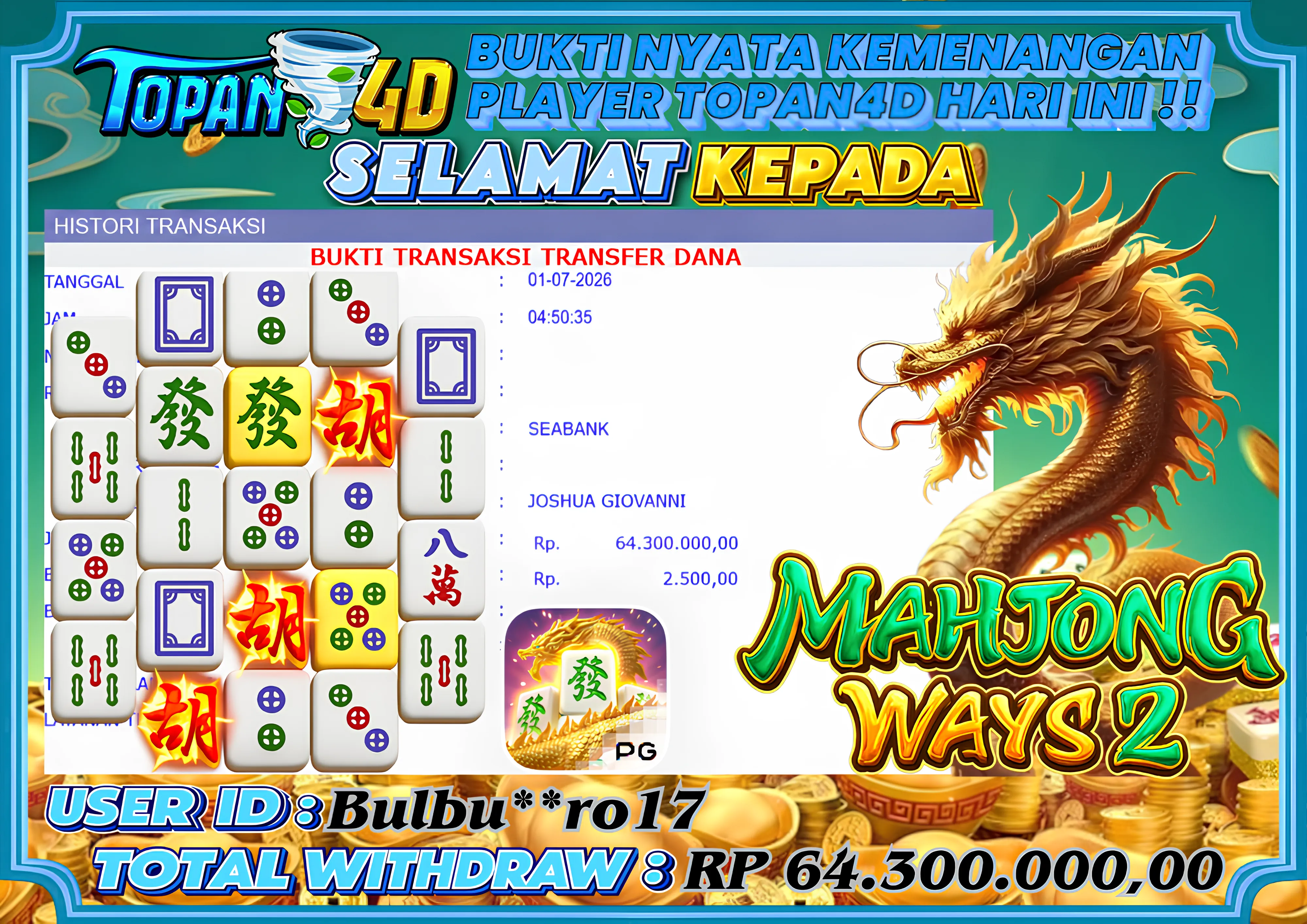 BUKTI KEMENANGAN MEMBER TOPAN4D - MENANG SLOT MAHJONG WAYS 2 Rp. 64,300,000 - LUNAS!!
