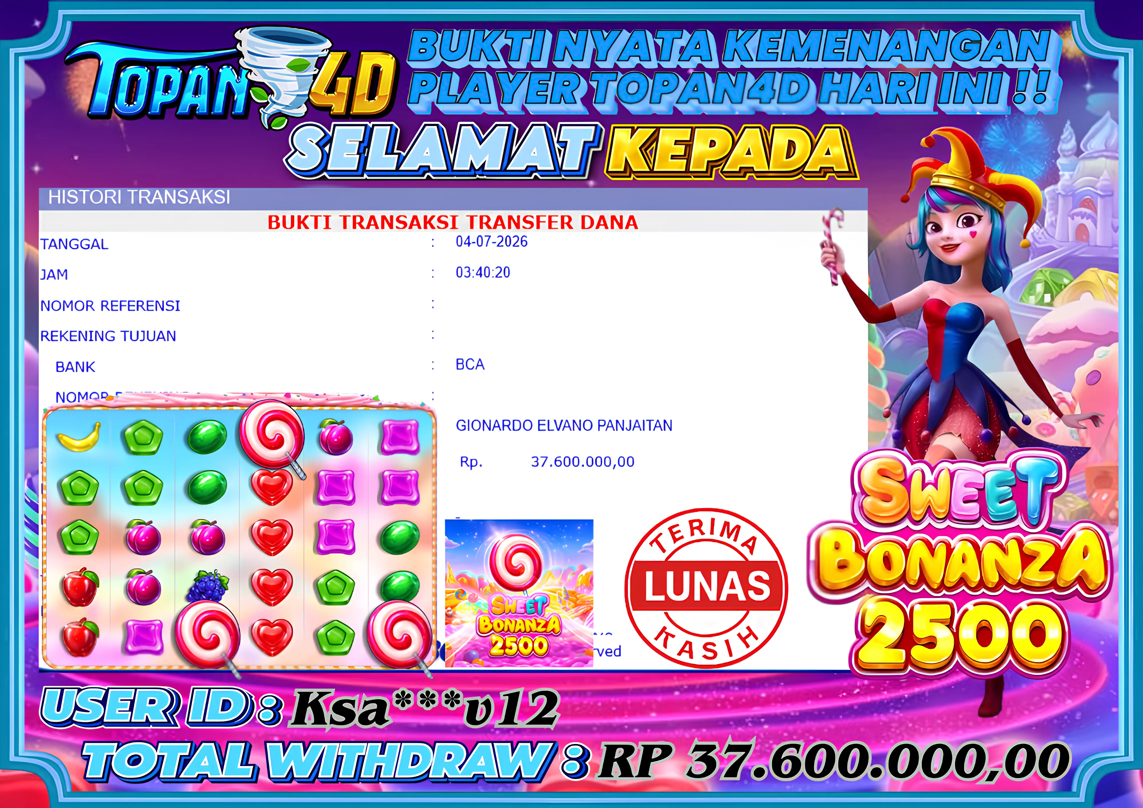 BUKTI KEMENANGAN MEMBER TOPAN4D - MENANG SLOT SWEET BONANZA 2500 Rp. 37,600,000 - LUNAS!!
