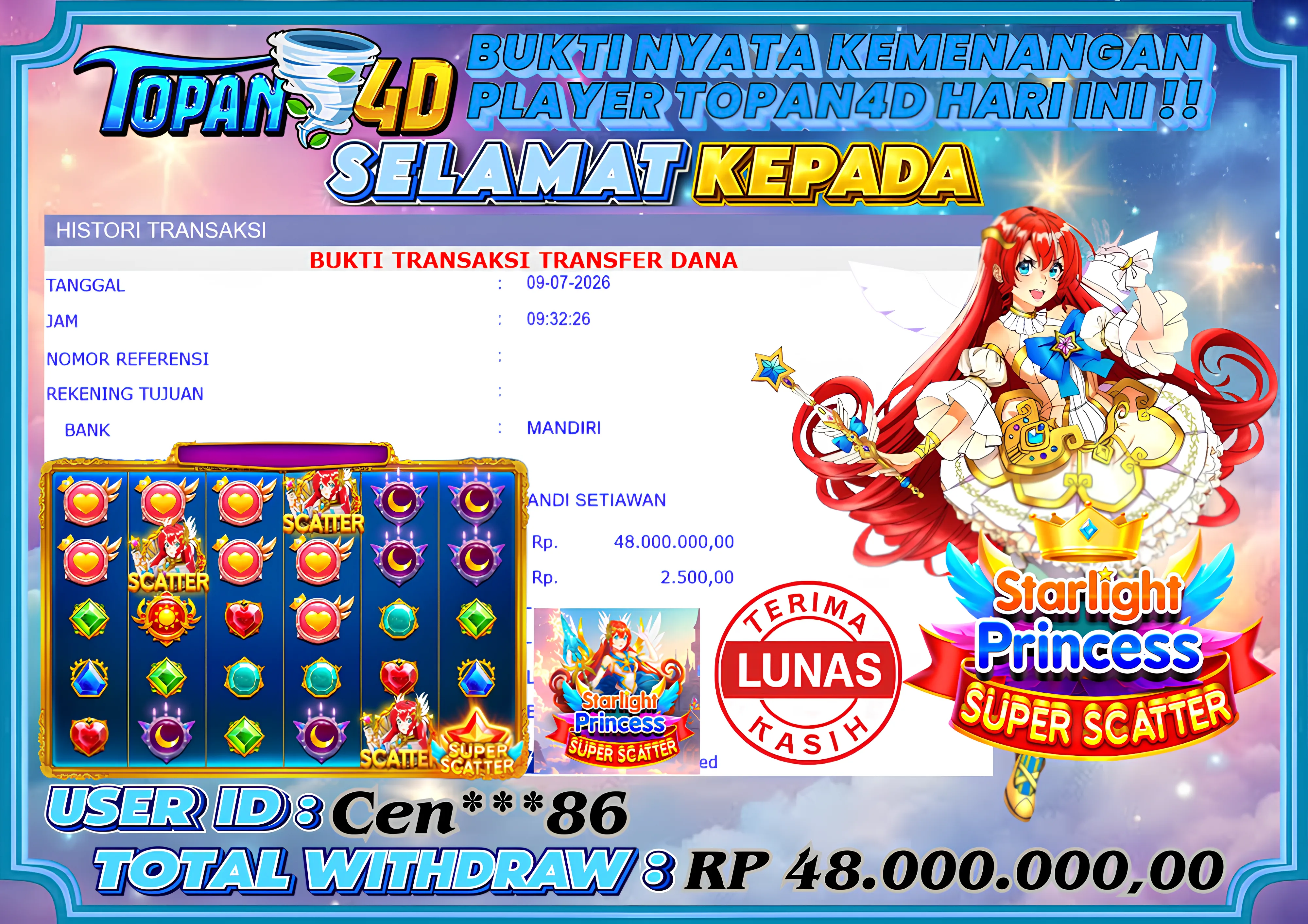 BUKTI KEMENANGAN MEMBER TOPAN4D - MENANG SLOT STARLIGHT PRINCESS SUPER SCATTER Rp. 48,000,000 - LUNAS!!