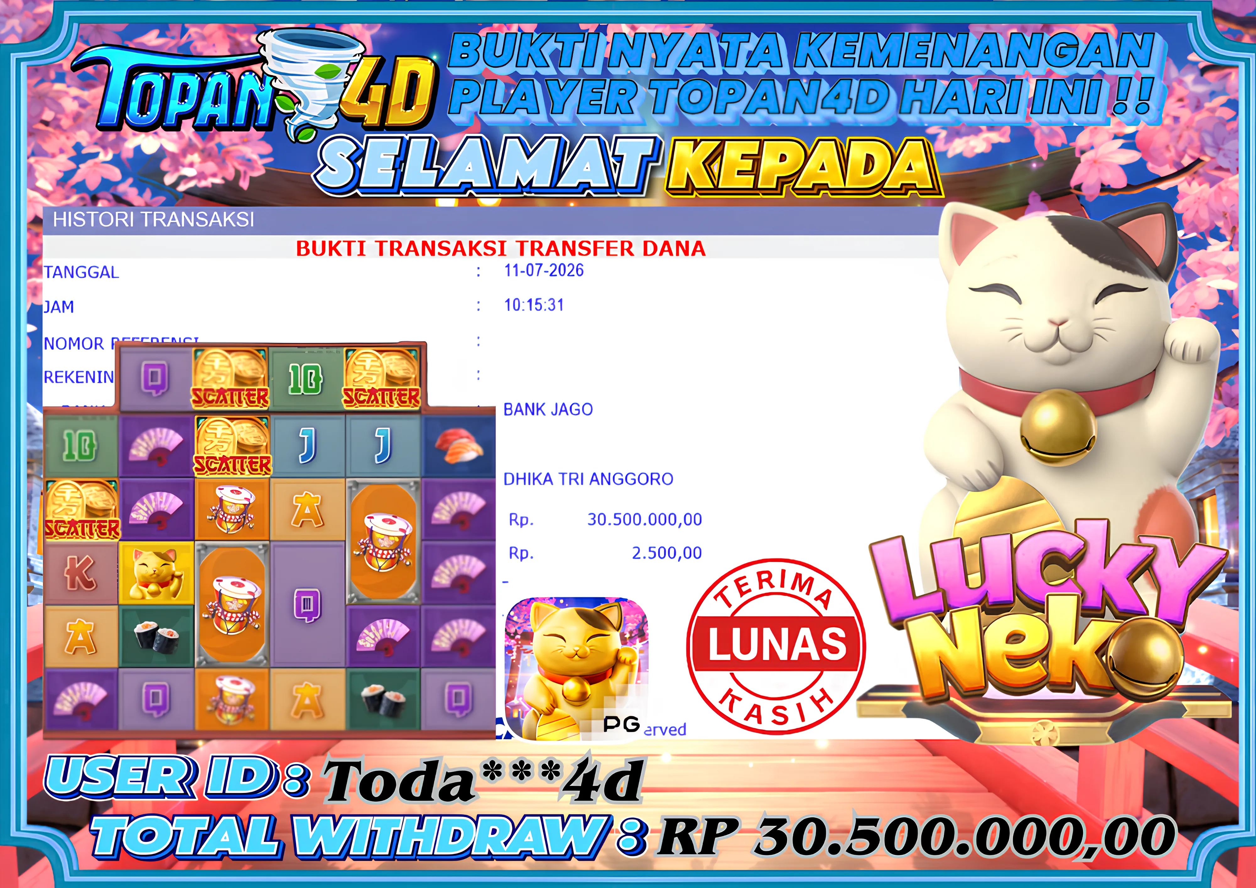 BUKTI KEMENANGAN MEMBER TOPAN4D - MENANG SLOT LUCKY NEKO Rp. 30,500,000 - LUNAS!!