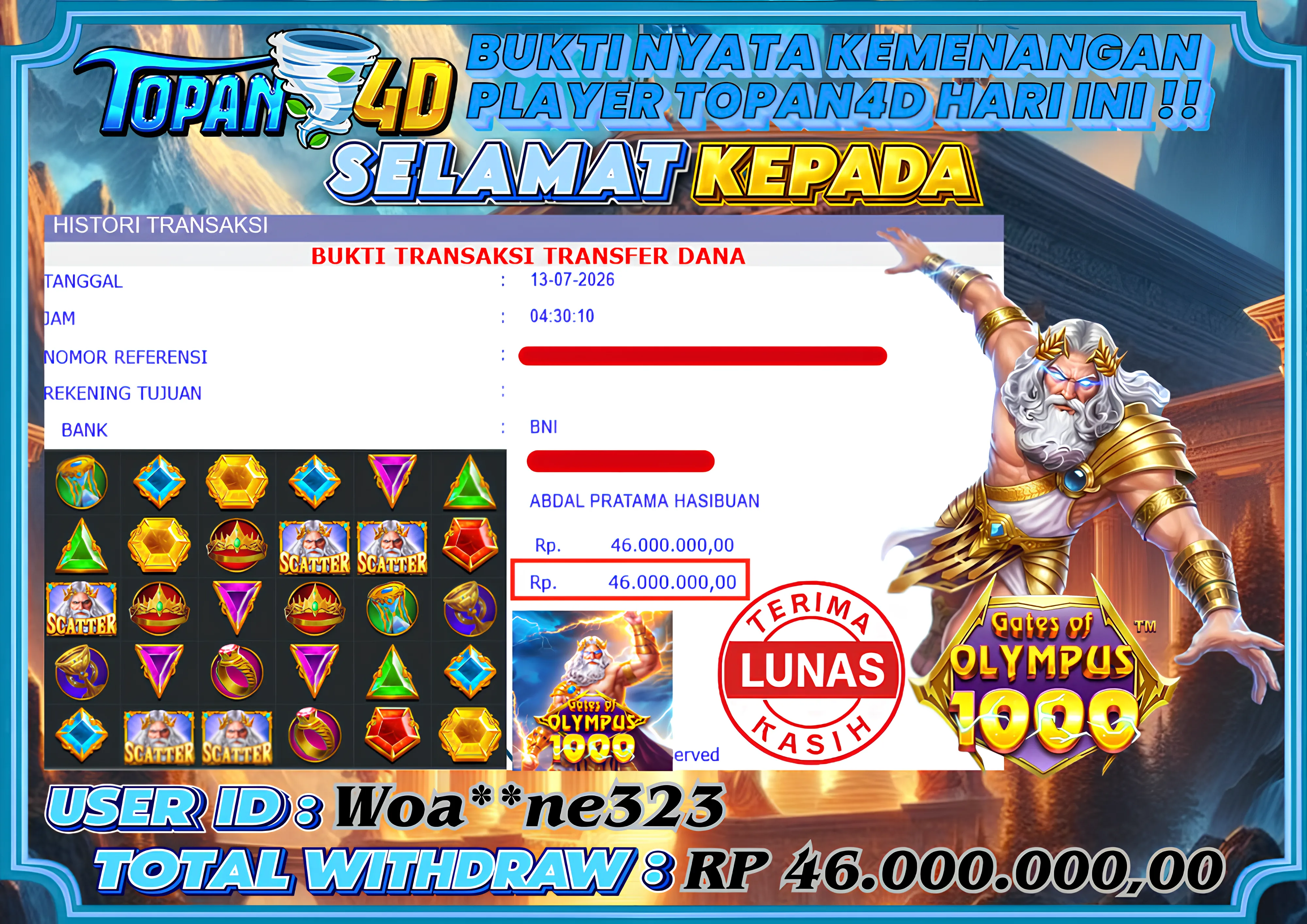 BUKTI KEMENANGAN MEMBER TOPAN4D - MENANG SLOT GATES OF OLYMPUS 1000 Rp. 46,000,000 - LUNAS!!