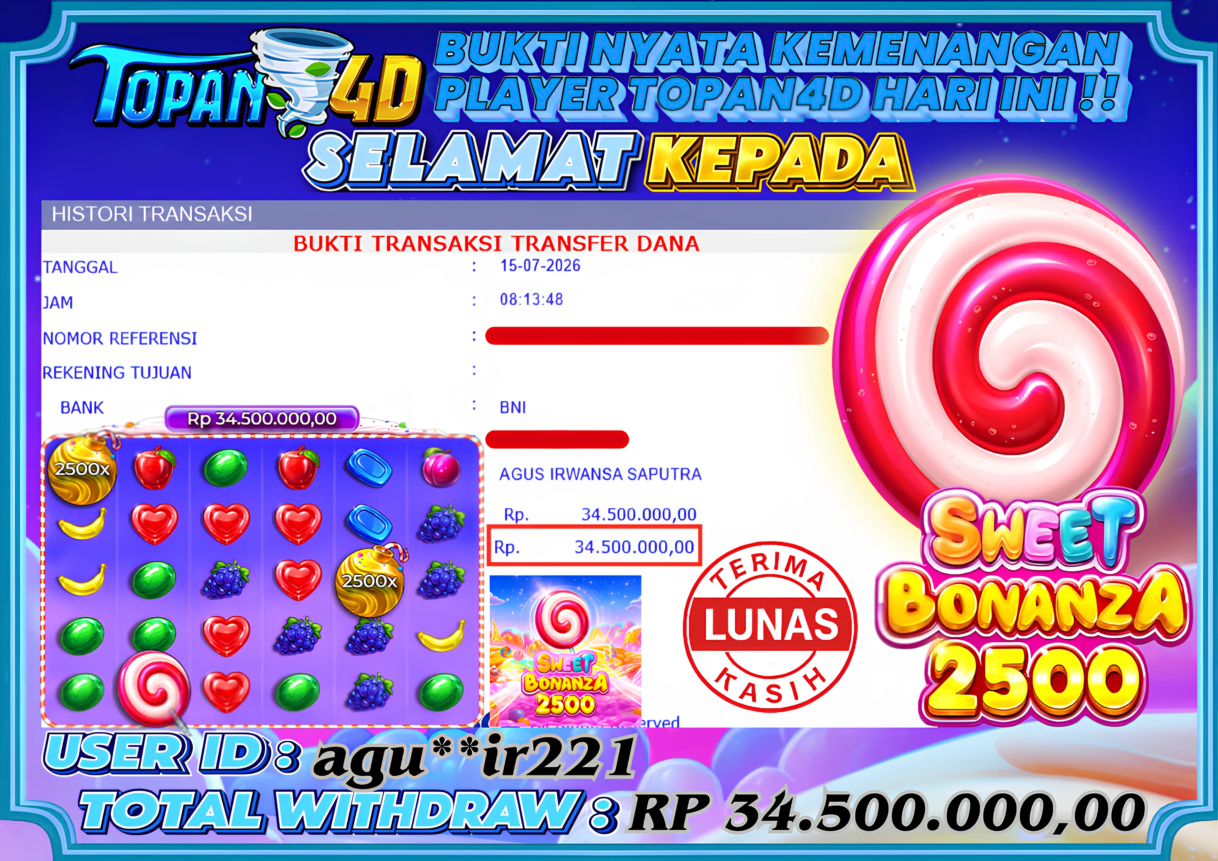 BUKTI KEMENANGAN MEMBER TOPAN4D - MENANG SLOT SWEET BONANZA 2500 Rp. 34,500,000 - LUNAS!!