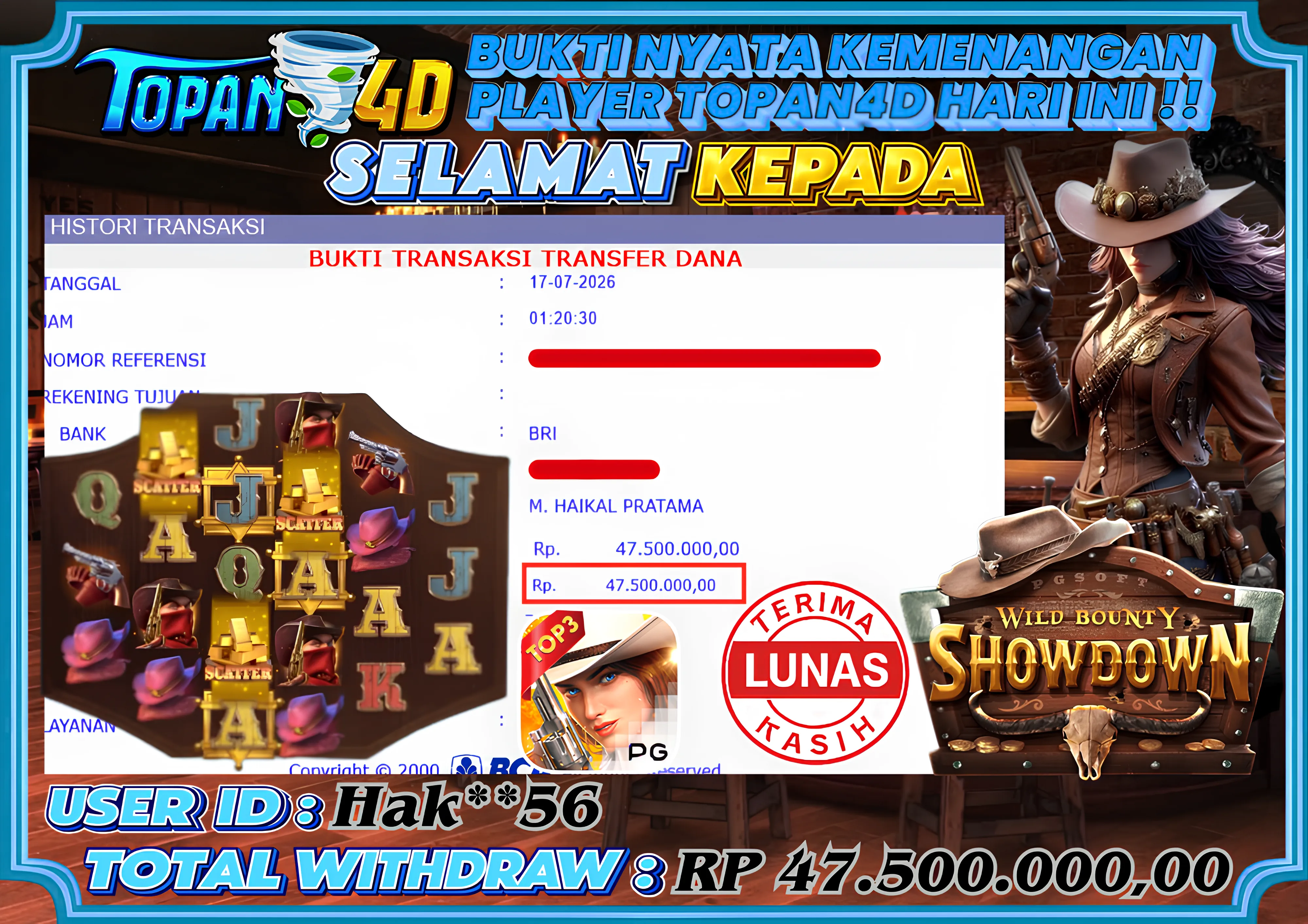 BUKTI KEMENANGAN MEMBER TOPAN4D - MENANG SLOT WILD BOUNTY SHOWDOWN  Rp. 47,500,000 - LUNAS!!