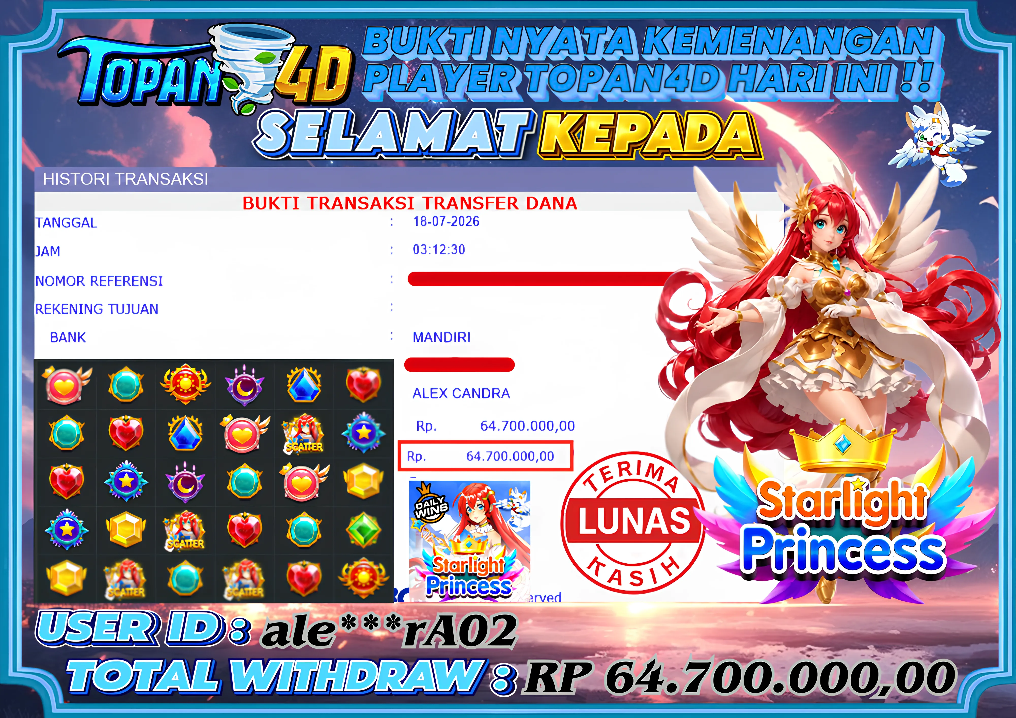 BUKTI KEMENANGAN MEMBER TOPAN4D - MENANG SLOT SWEET STARLIGHT PRINCESS Rp. 64,700,000 - LUNAS!!