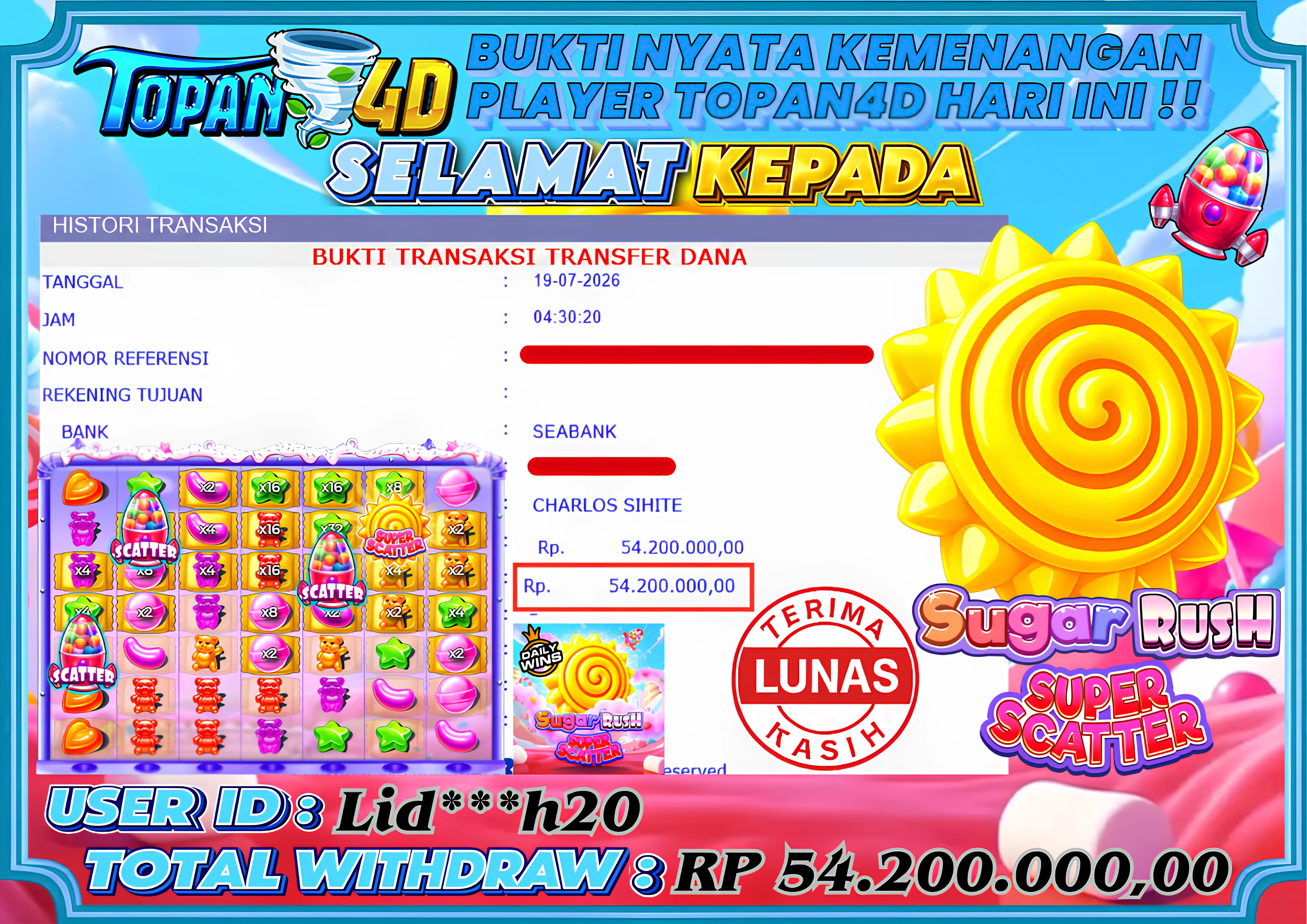 BUKTI KEMENANGAN MEMBER TOPAN4D - MENANG SLOT SUGAR RUSH SUPER SCATTER Rp. 54,200,000 - LUNAS!!