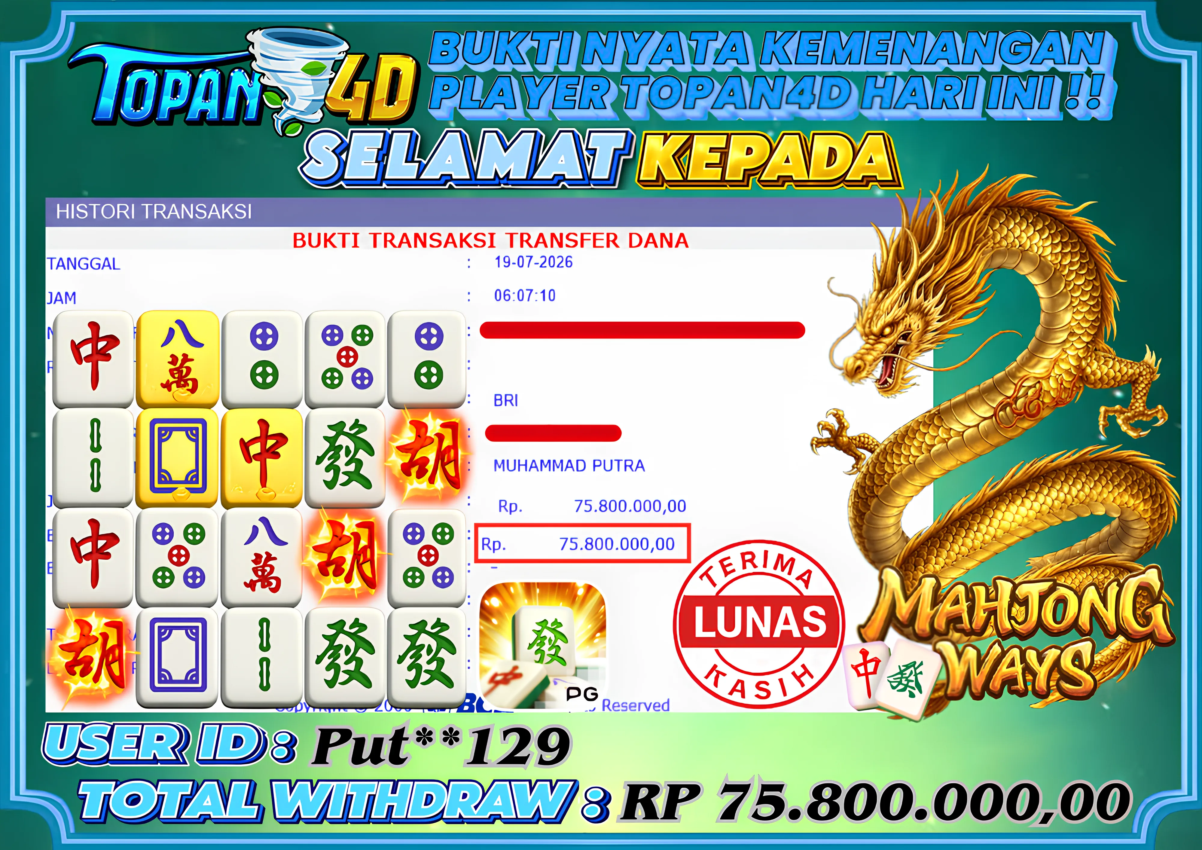 BUKTI KEMENANGAN MEMBER TOPAN4D - MENANG SLOT MAHJONG WAYS Rp. 75,800,000 - LUNAS!!
