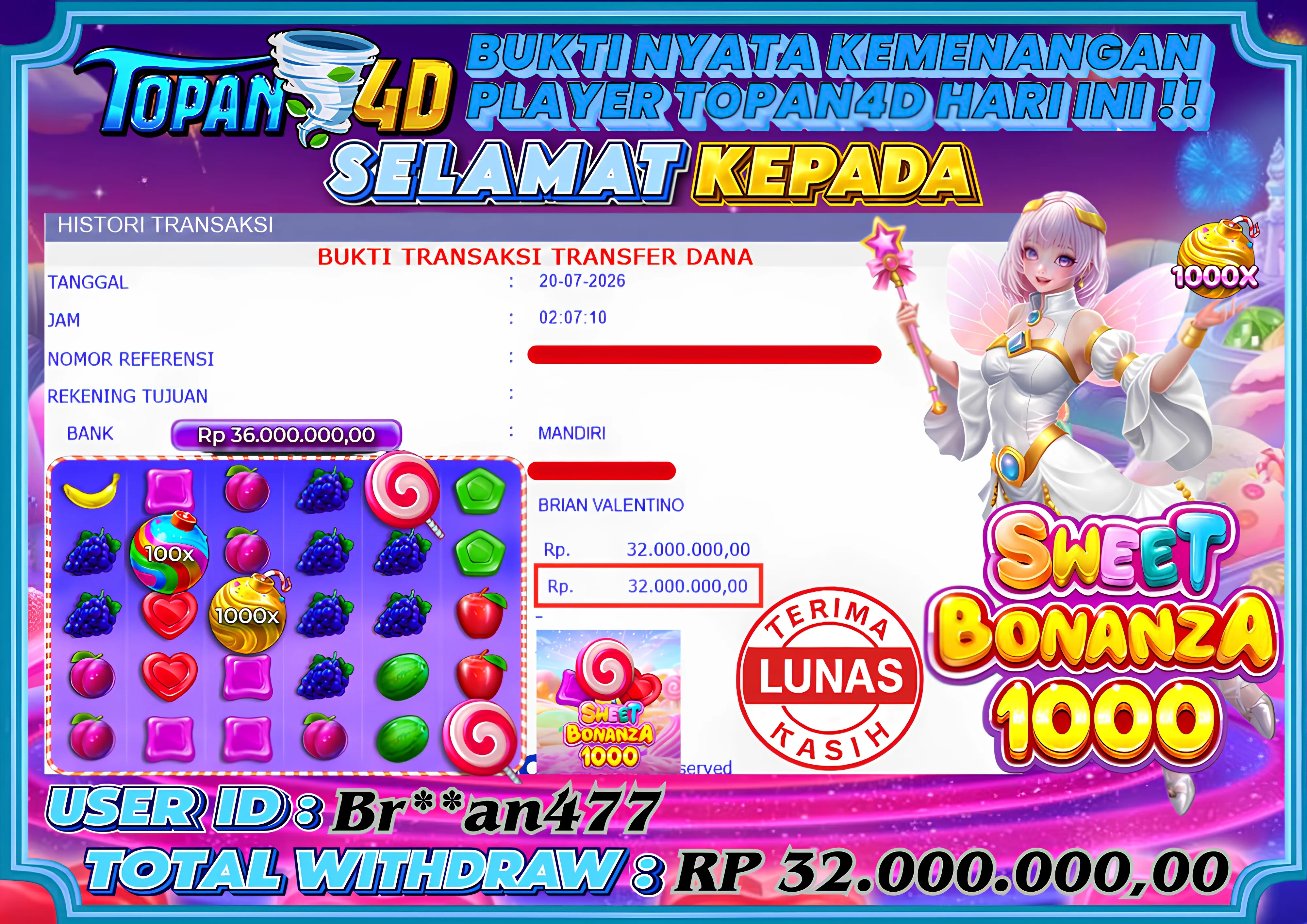 BUKTI KEMENANGAN MEMBER TOPAN4D - MENANG SLOT SWEET BONANZA 1000 Rp. 32,000,000 - LUNAS!!