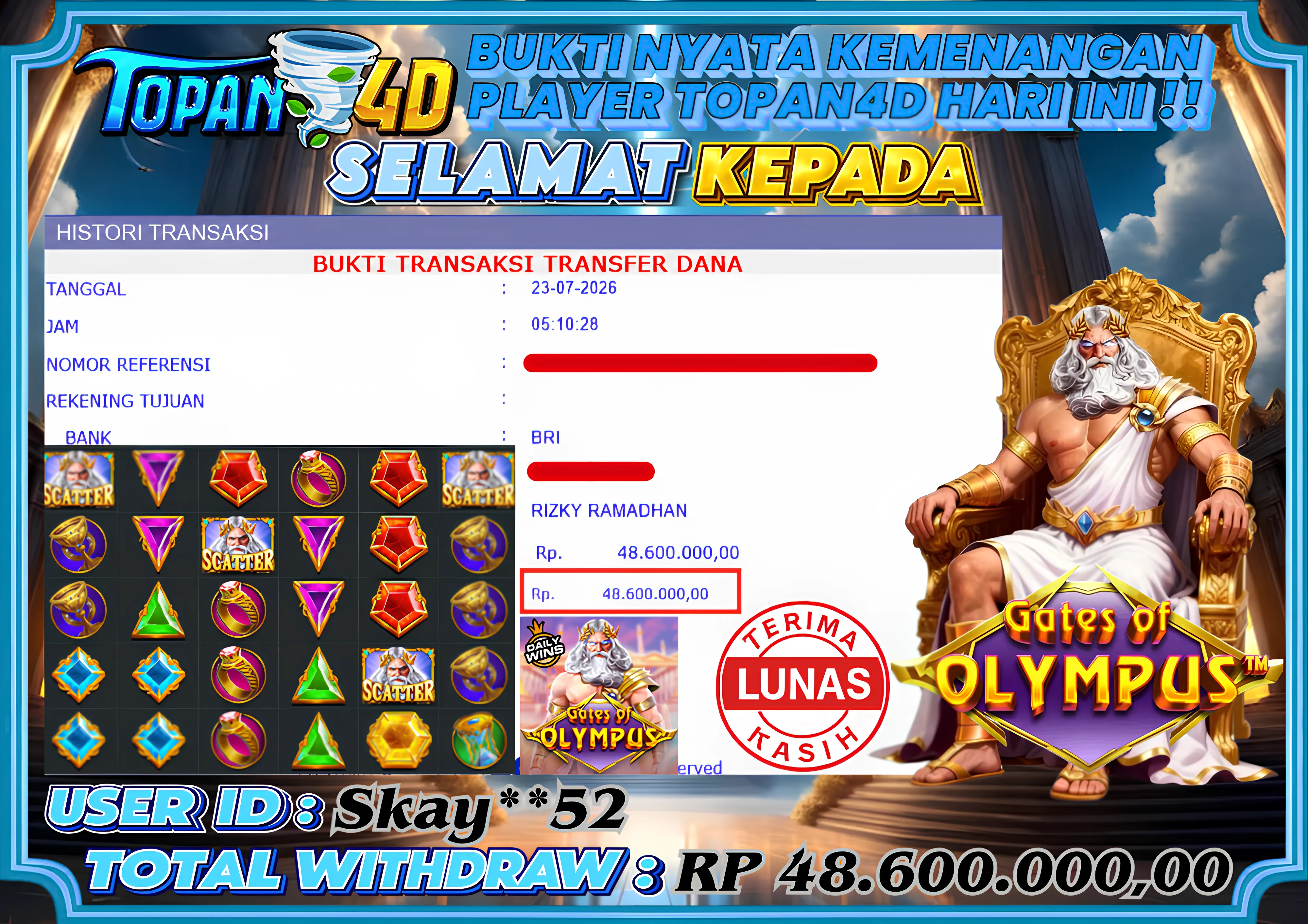 BUKTI KEMENANGAN MEMBER TOPAN4D - MENANG SLOT GATES OF OLYMPUS Rp. 48,600,000 - LUNAS!!