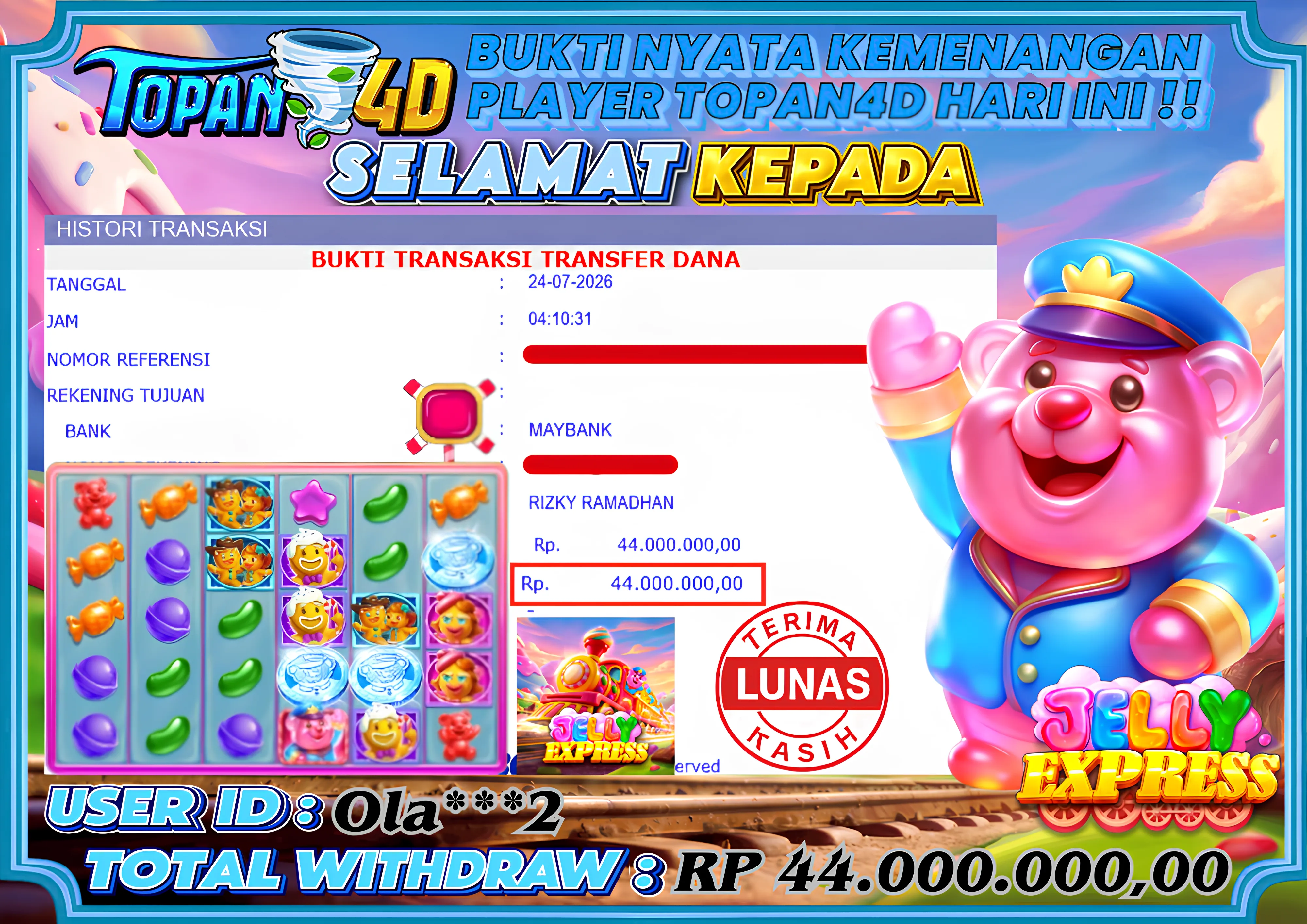 BUKTI KEMENANGAN MEMBER TOPAN4D - MENANG SLOT JELLY EXPRESS Rp. 44,000,000 - LUNAS!!