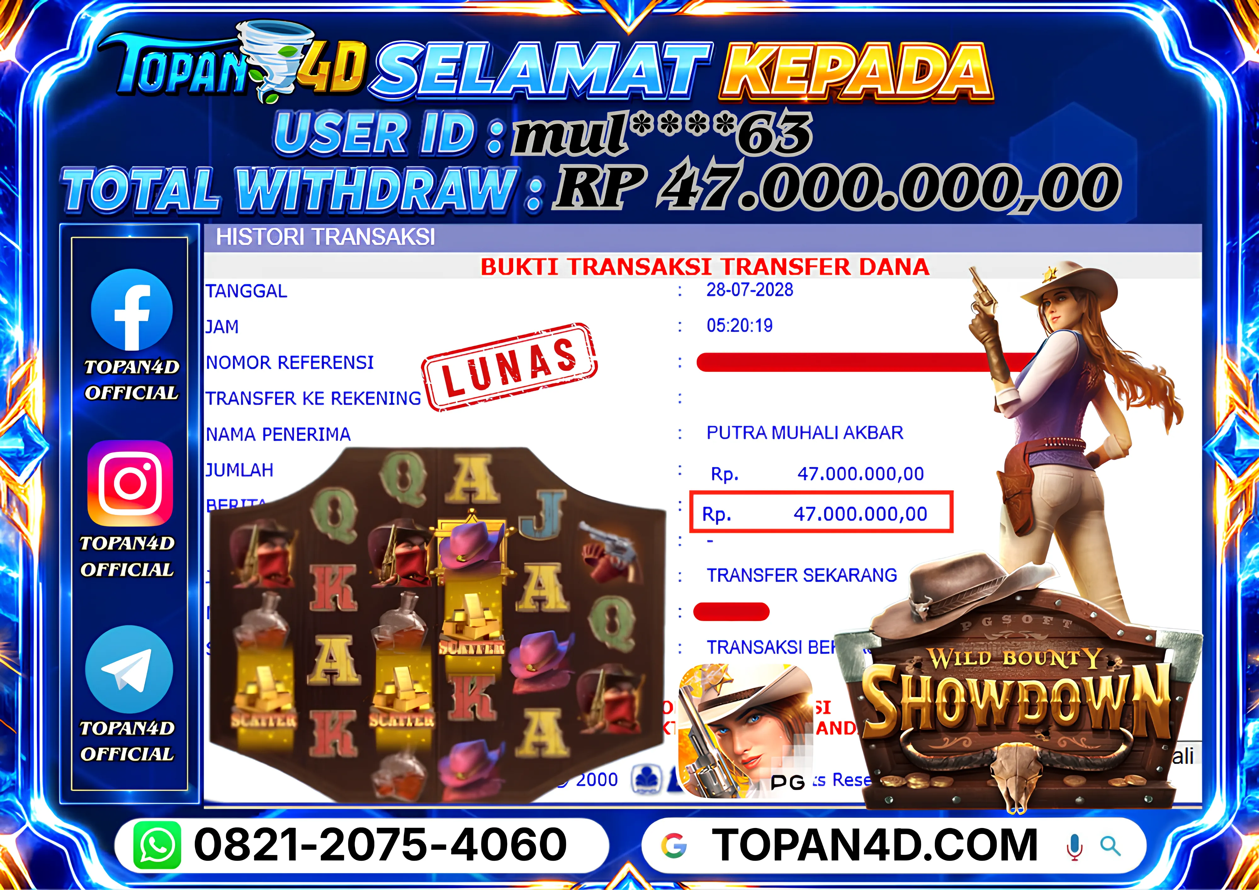 BUKTI KEMENANGAN MEMBER TOPAN4D - MENANG SLOT WILD BOUNTY SHOWDOWN Rp. 47,000,000 - LUNAS!!