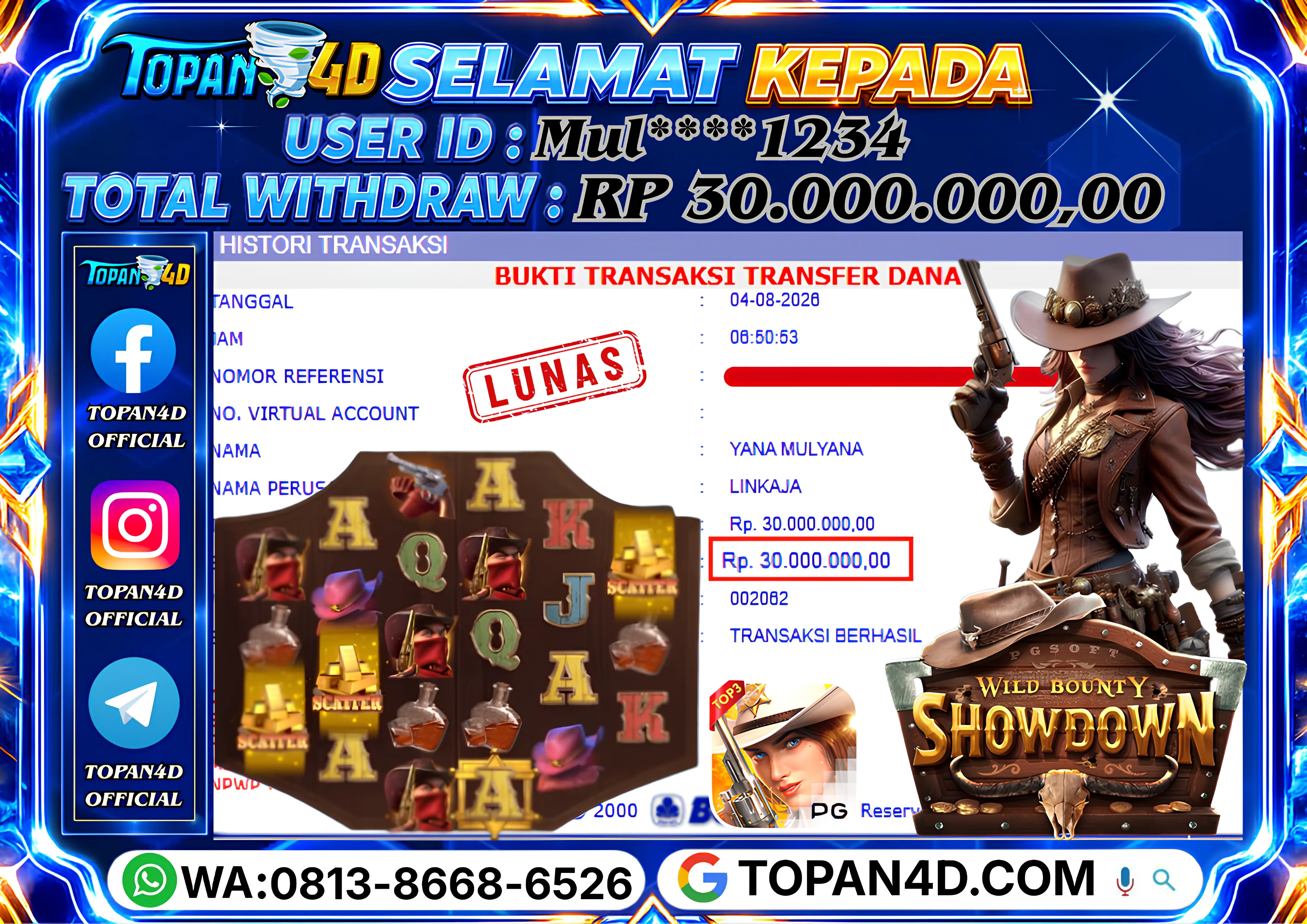 BUKTI KEMENANGAN MEMBER TOPAN4D - MENANG SLOT WILD BOUNTY SHOWDOWN Rp. 30,000,000 - LUNAS!!
