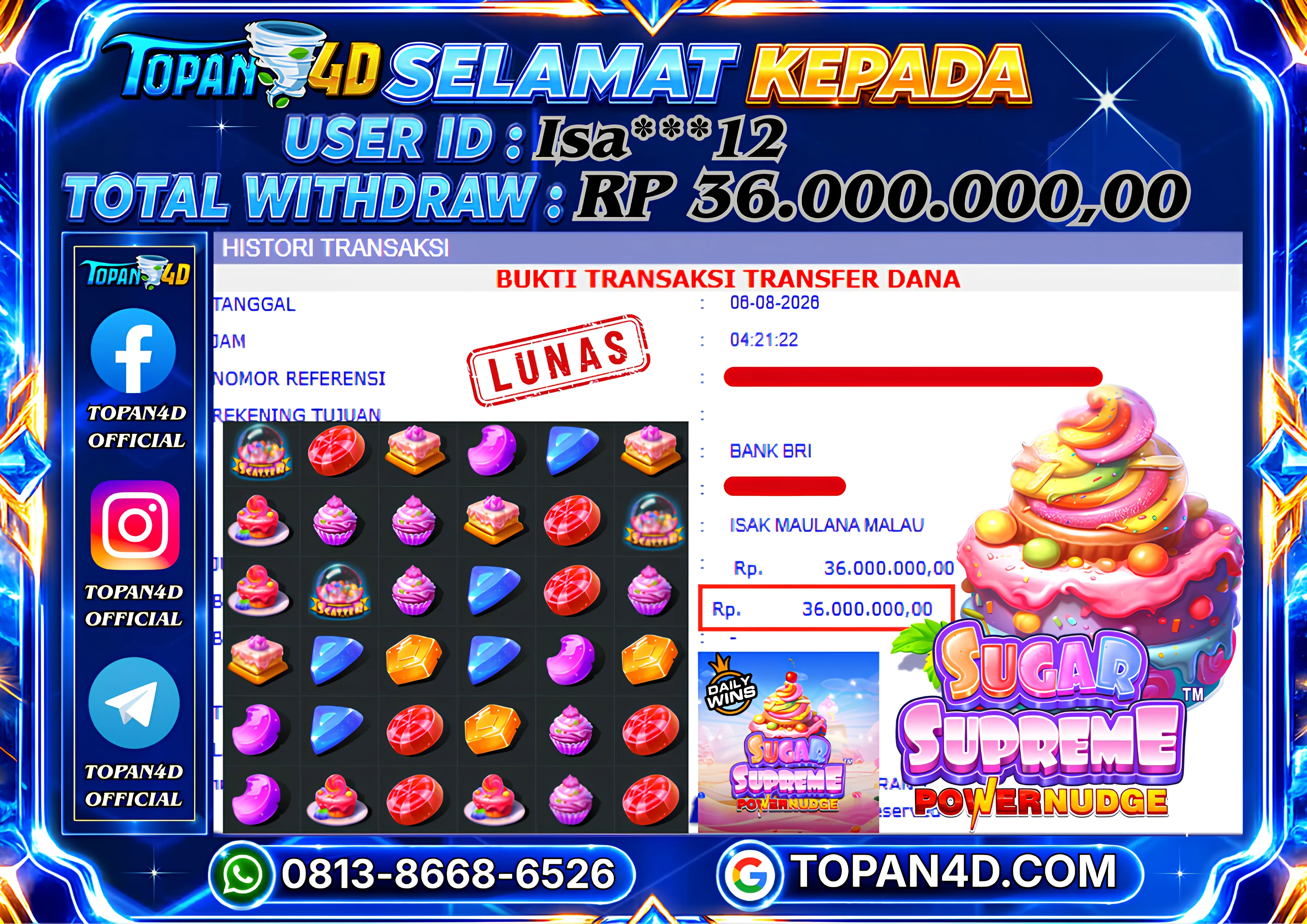BUKTI KEMENANGAN MEMBER TOPAN4D - MENANG SLOT SUGAR SUPREME POWERNUDGE Rp. 36,000,000 - LUNAS!!