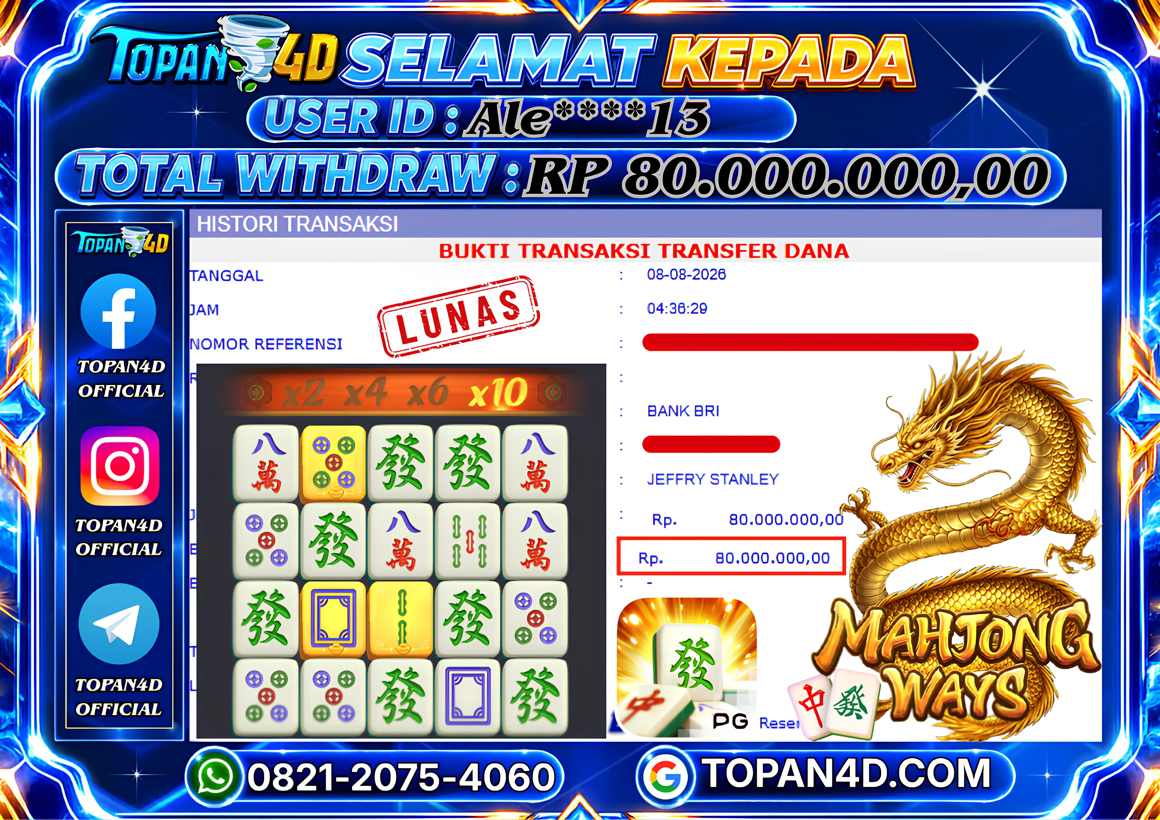 BUKTI KEMENANGAN MEMBER TOPAN4D - MENANG SLOT MAHJONG WAYS Rp. 80,000,000 - LUNAS!!
